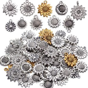 Aylifu 50 dijes vintage de girasol, suministros de flores de aleación, para hacer joyas, 10 estilos Aylifu 50 dijes vintage de girasol, suministros de flores de aleación, para hacer joyas, 10 estilos