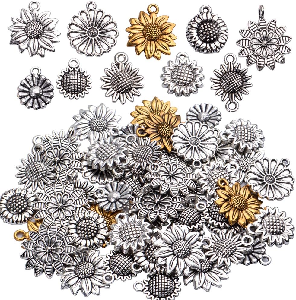 Aylifu 50 dijes vintage de girasol, suministros de flores de aleación, para hacer joyas, 10 estilos