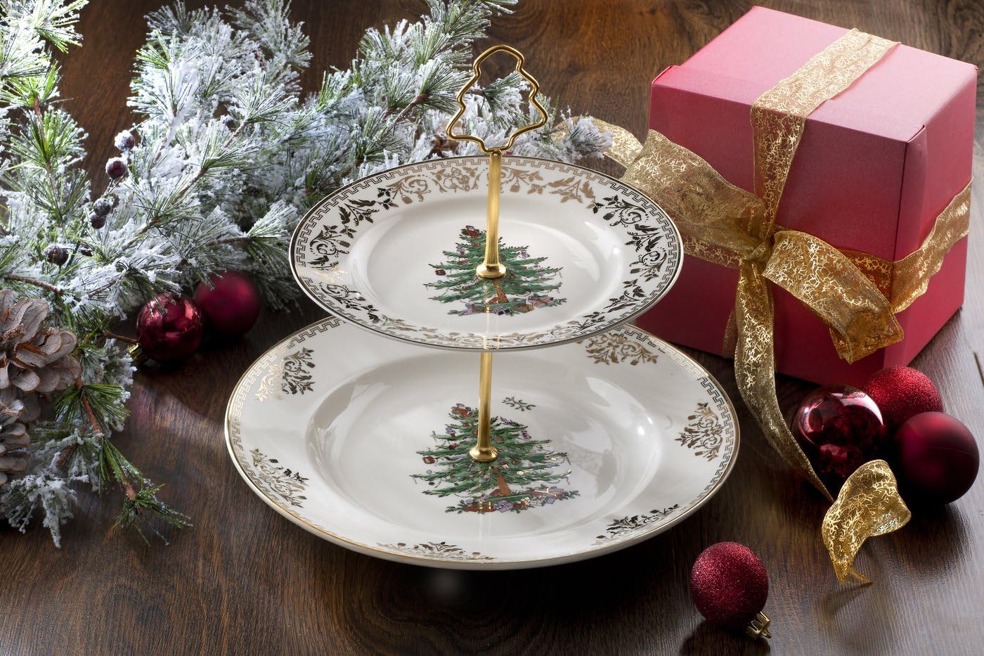 Spode Servidor dorado de 2 niveles para árbol de Navidad  Soporte para cupcakes  Juego de exhibición de mesa de postres  Soporte para cupcakes