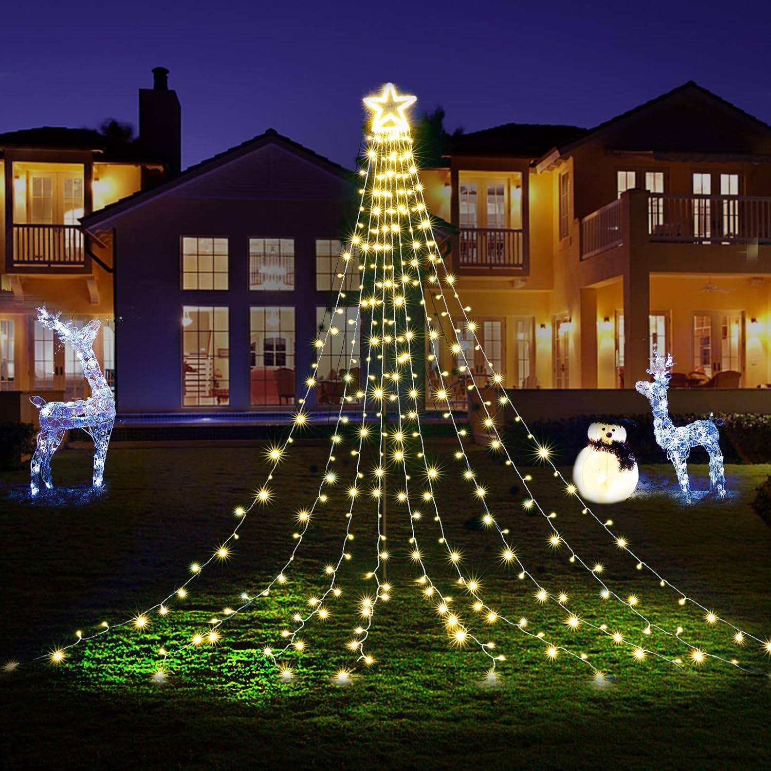 BlcTec Decoraciones de Navidad al aire libre, 317 luces LED de Navidad con 9 hebras de luces de cascada de 11.9 pies, 8 modos, impermeable, estrella