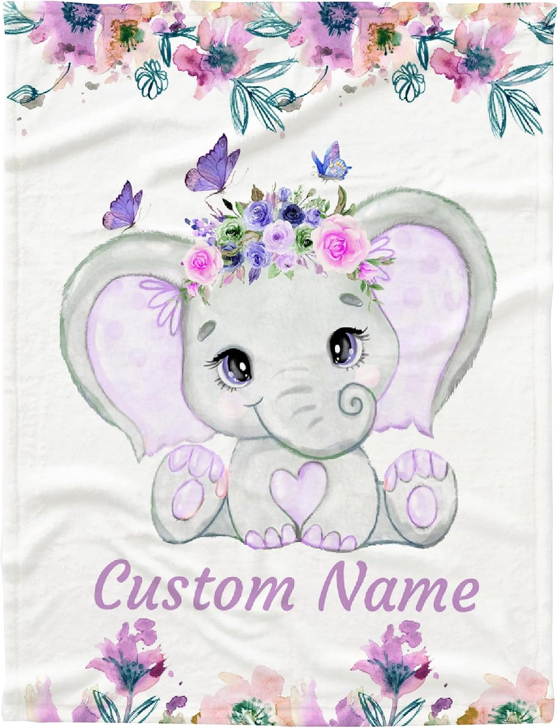 Manta de bebé personalizada con nombre, lindo elefante morado, manta de forro polar personalizada para niñas, niños, baby shower, regalo de