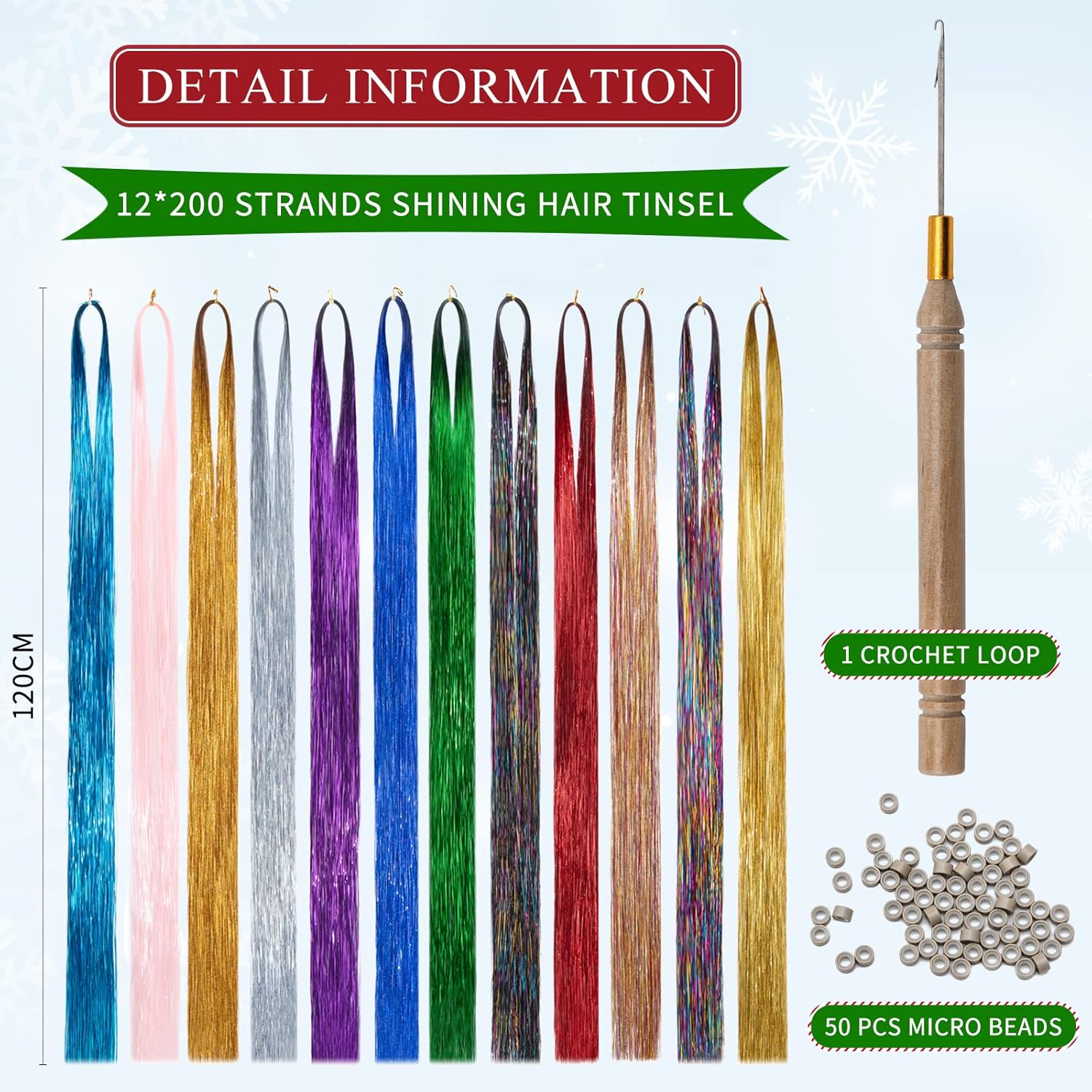 Hairro Extensión de cabello de oropel con herramienta, extensiones de cabello brillante y tensil de cabello de hadas, mechones de oropel para