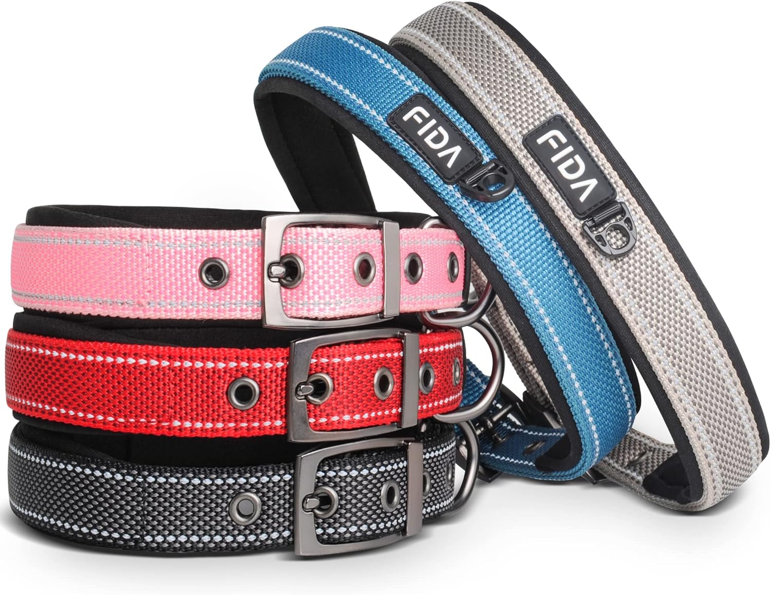 Fida Collar para perro resistente, ultra cómodo y acolchado de neopreno suave, collar de nailon reflectante ajustable para mascotas con hebilla de