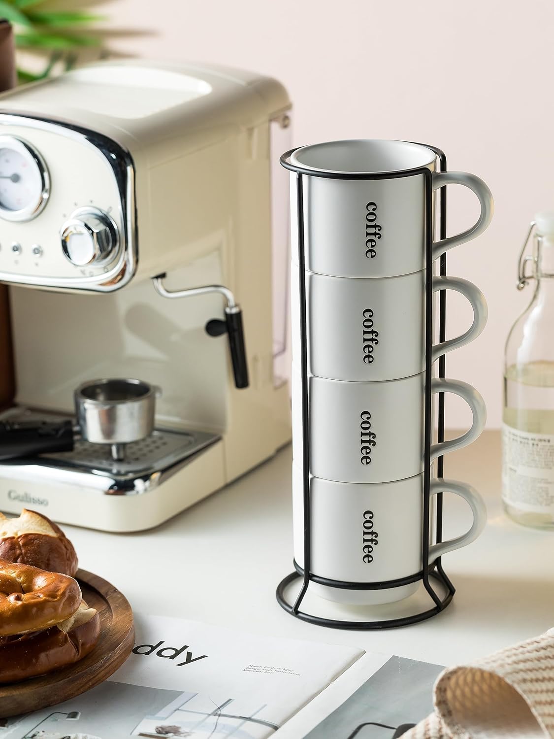 KOKUNKA Tazas de café con estante, tazas de café de cerámica grandes de 13 onzas para café, té, cacao, leche, bebidas de chocolate, aptas para