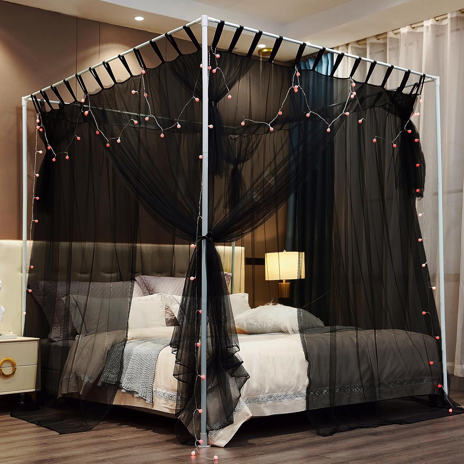 Cortina de 4 esquinas con poste para cama, toldo de mosquitera, para cama Queen y King, elegantes cortinas de cama para niñas y adultos, decoración