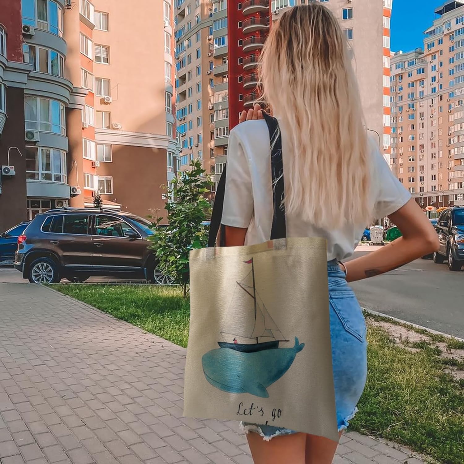 Bolsa de lona para mujer, con bonito estampado, reutilizable, de algodón, a la moda, escuela, compras, playa, comestibles