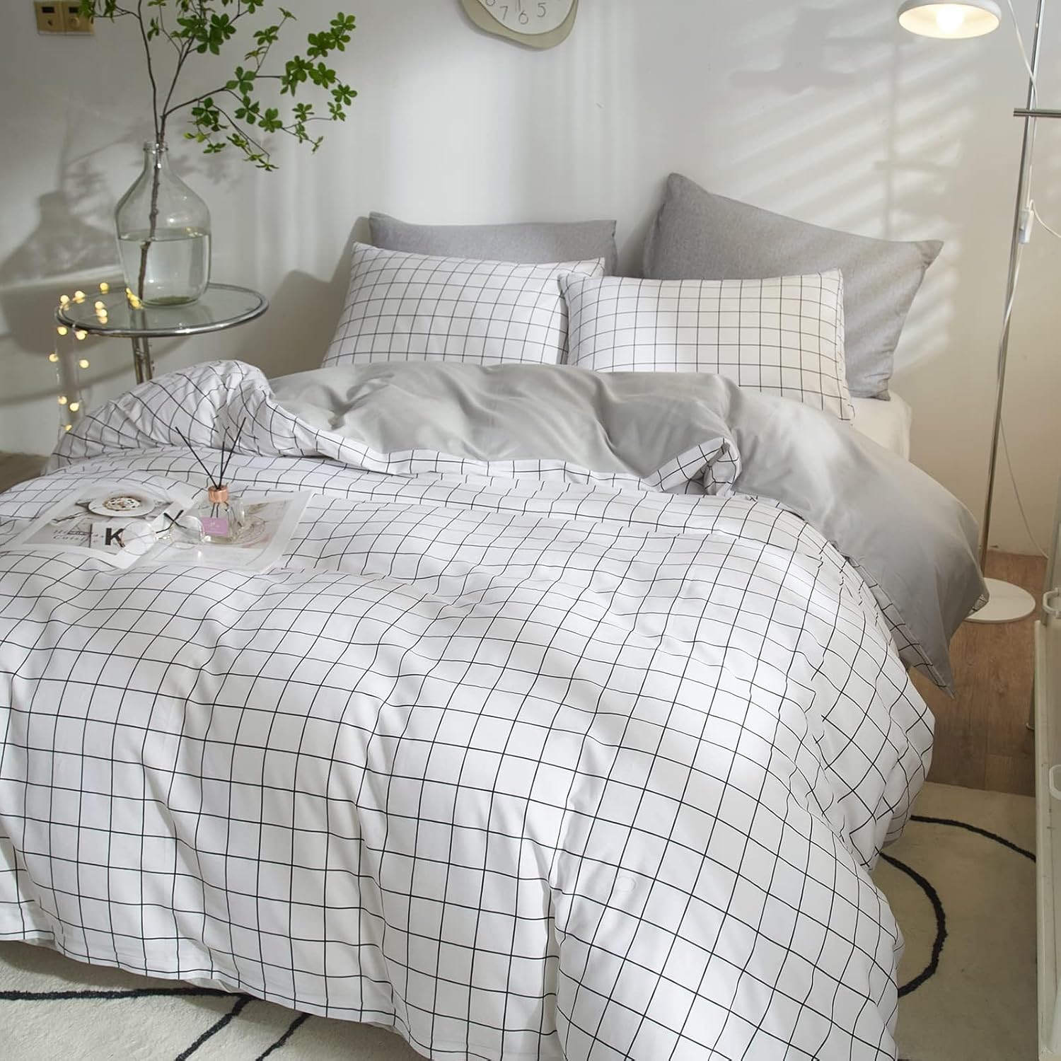 VClife Funda de edredón de algodón individual XL, juego de ropa de cama a cuadros tamaño individual XL, estilo simple, blanco y gris, funda de