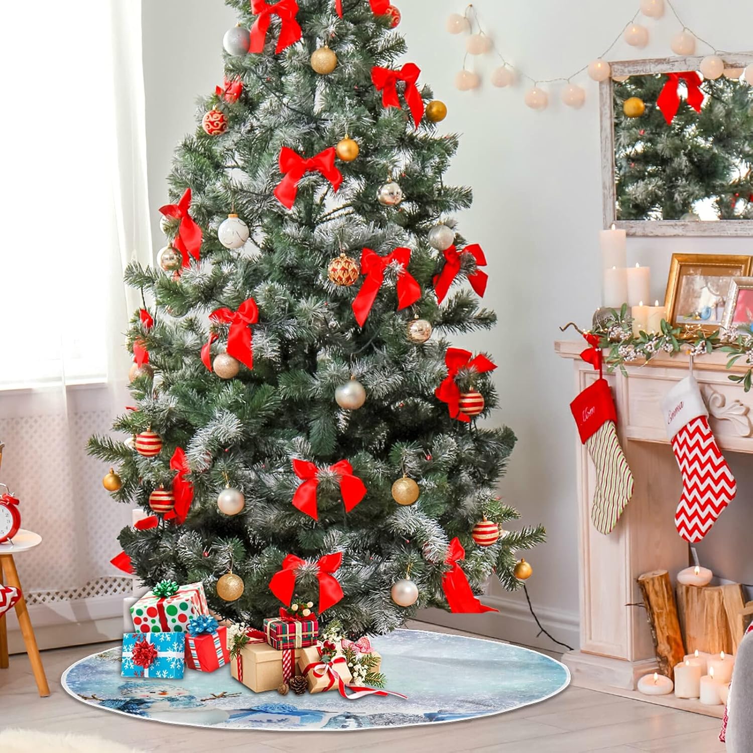 Aflyko Falda de árbol de Navidad, muñeco de nieve de fantasía, color azul plateado, base para árbol de Navidad, fiesta, hogar, sala de estar,