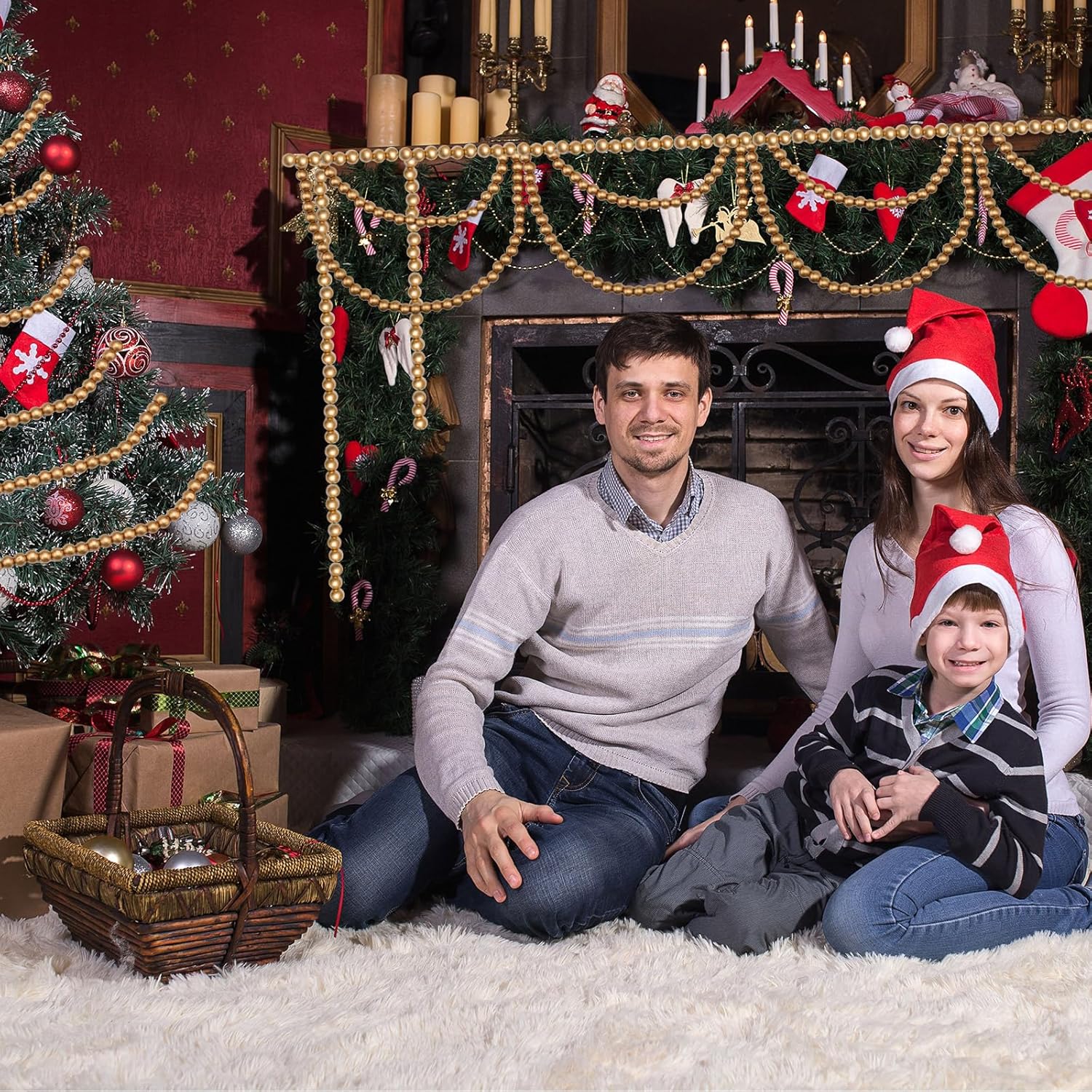 Frienda Guirnalda de cuentas de madera de Navidad de 100 pies, decoración de árbol de Navidad con cuentas de madera, cuentas decorativas de granja,