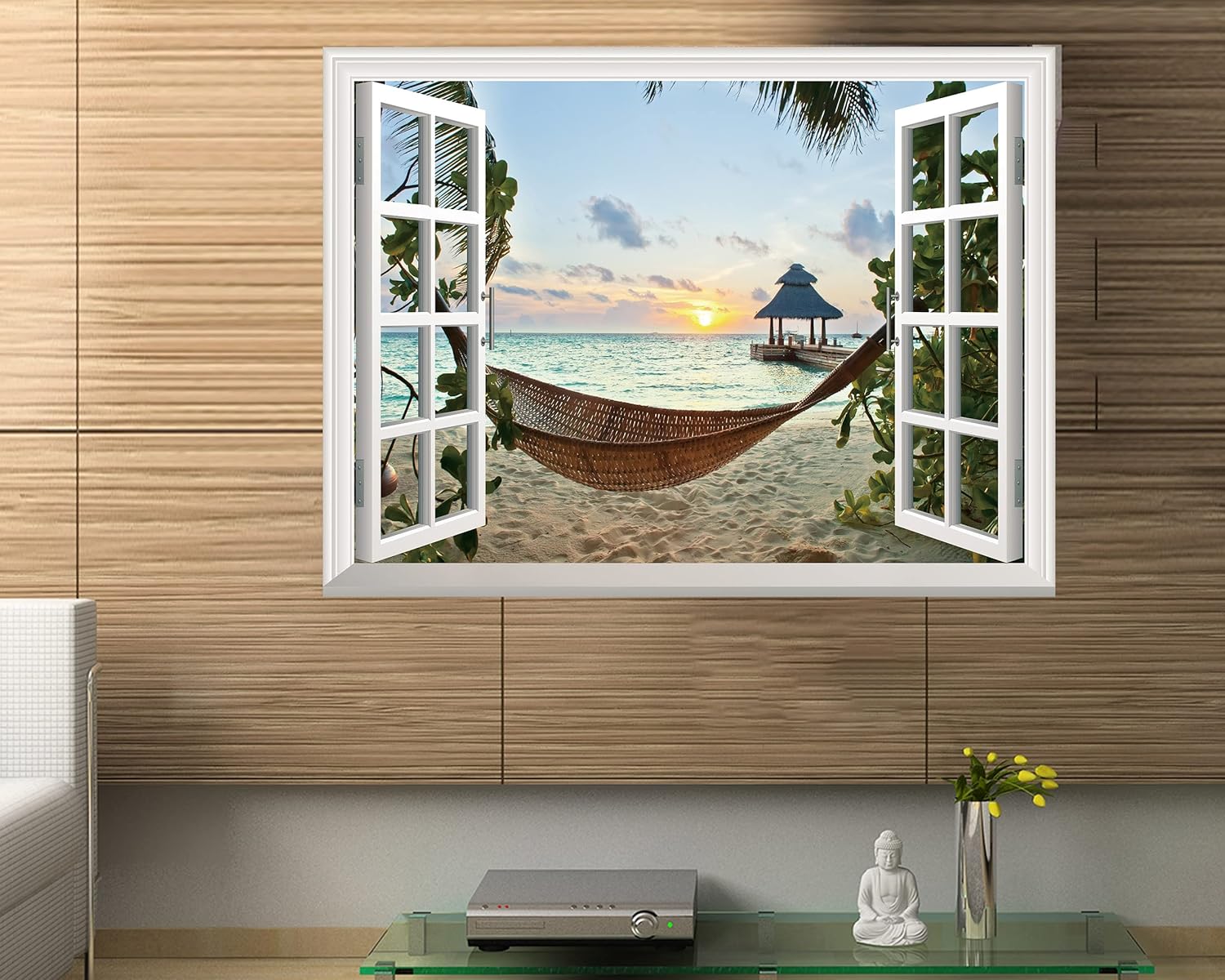 FLFK Adhesivo de pared falso para ventana, mural de pared para ventana de playa y puesta de sol para decoración de pared, calcomanías de pared para