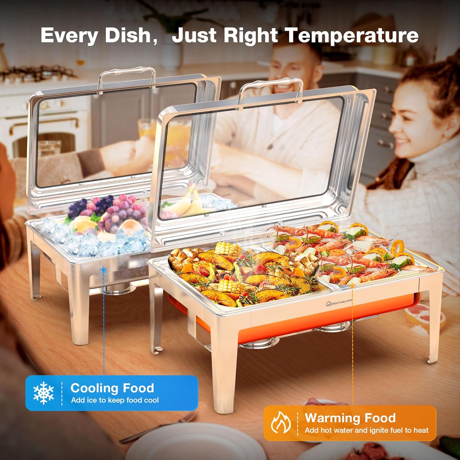 Juego de platos de bufé de 9.5 cuartos de galón, platos rectangulares para bufé con tapa de vidrio, utensilios de servir, chafers de acero