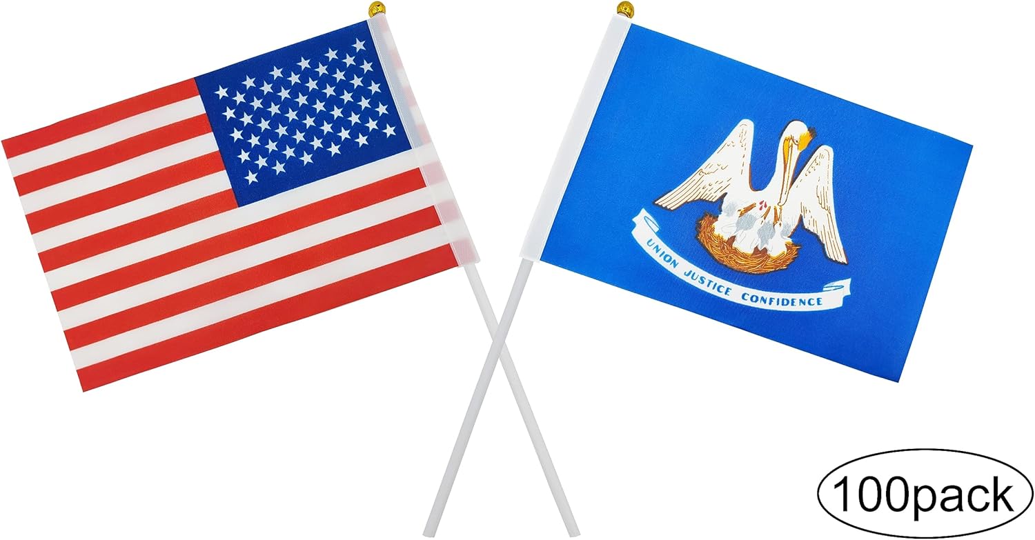 Paquete de 50 banderas estadounidenses y 50 unidades de bandera del estado de Luisiana, mini bandera de mano pequeña, suministros de decoración de