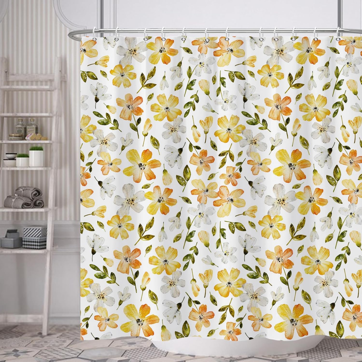Cortina de ducha con flores amarillas, juego de cortina de ducha floral amarilla para baño, cortina de baño de tela de jardín bohemio con ganchos,