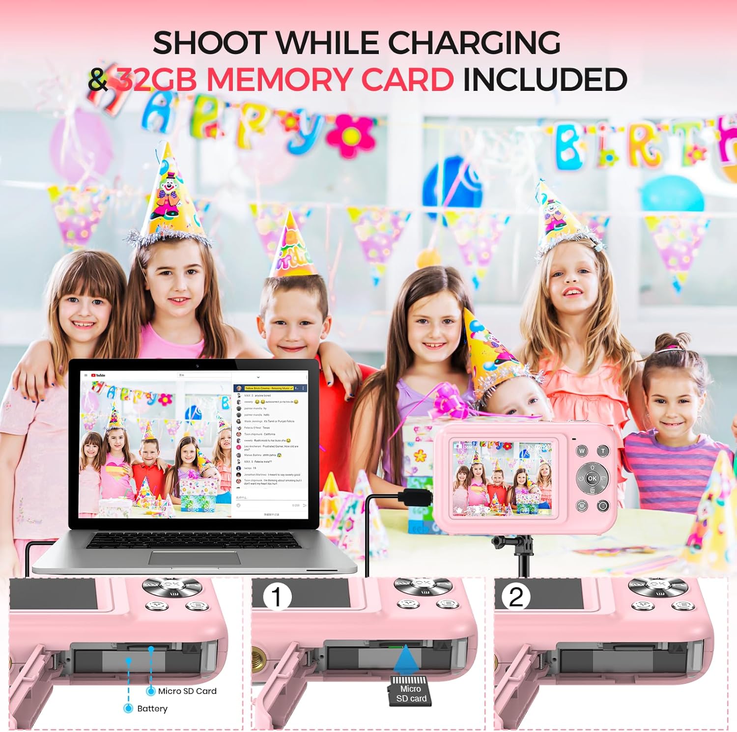 Cámara digital, FHD 1080P 44MP cámara para niños para fotografía con tarjeta de 32 GB, cámara digital de punto de zoom 16X y disparar con luz de