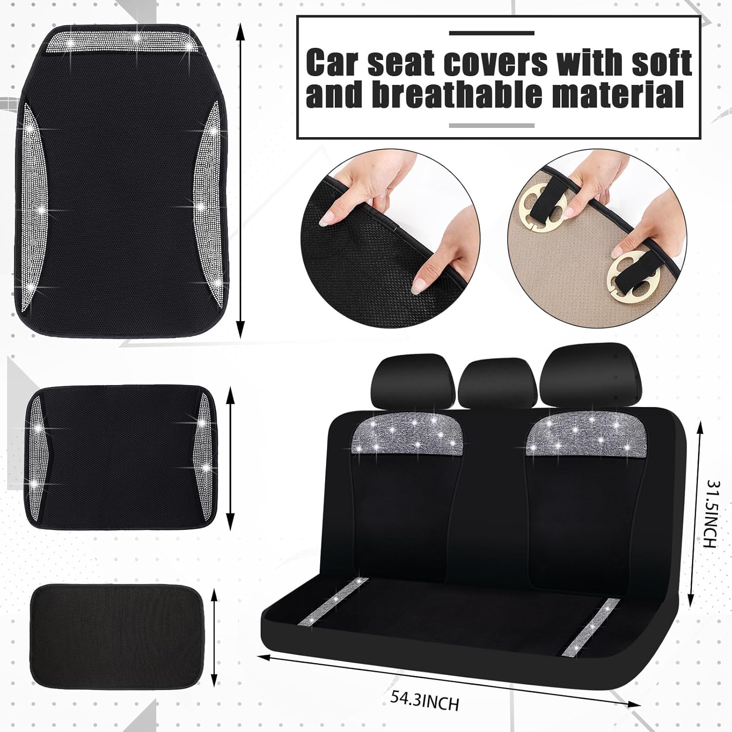 Juego completo de fundas de asiento de automóvil con diamantes de imitación para volante, cubierta con purpurina para consola central, accesorios de