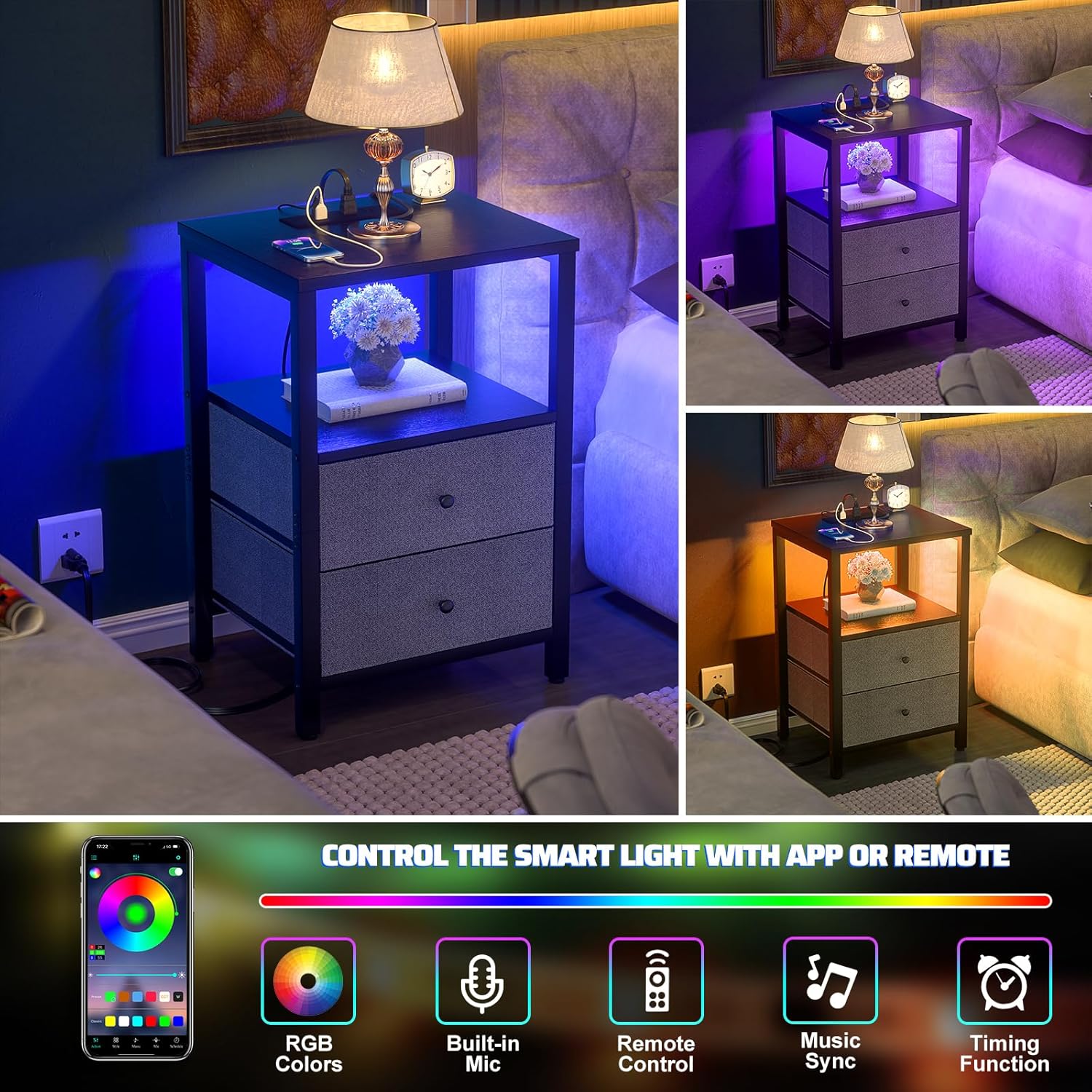 Cyclysio Mesita de noche con estación de carga y luces LED, mesita de noche con cajones, mesitas de noche de 25.6 pulgadas con almacenamiento para