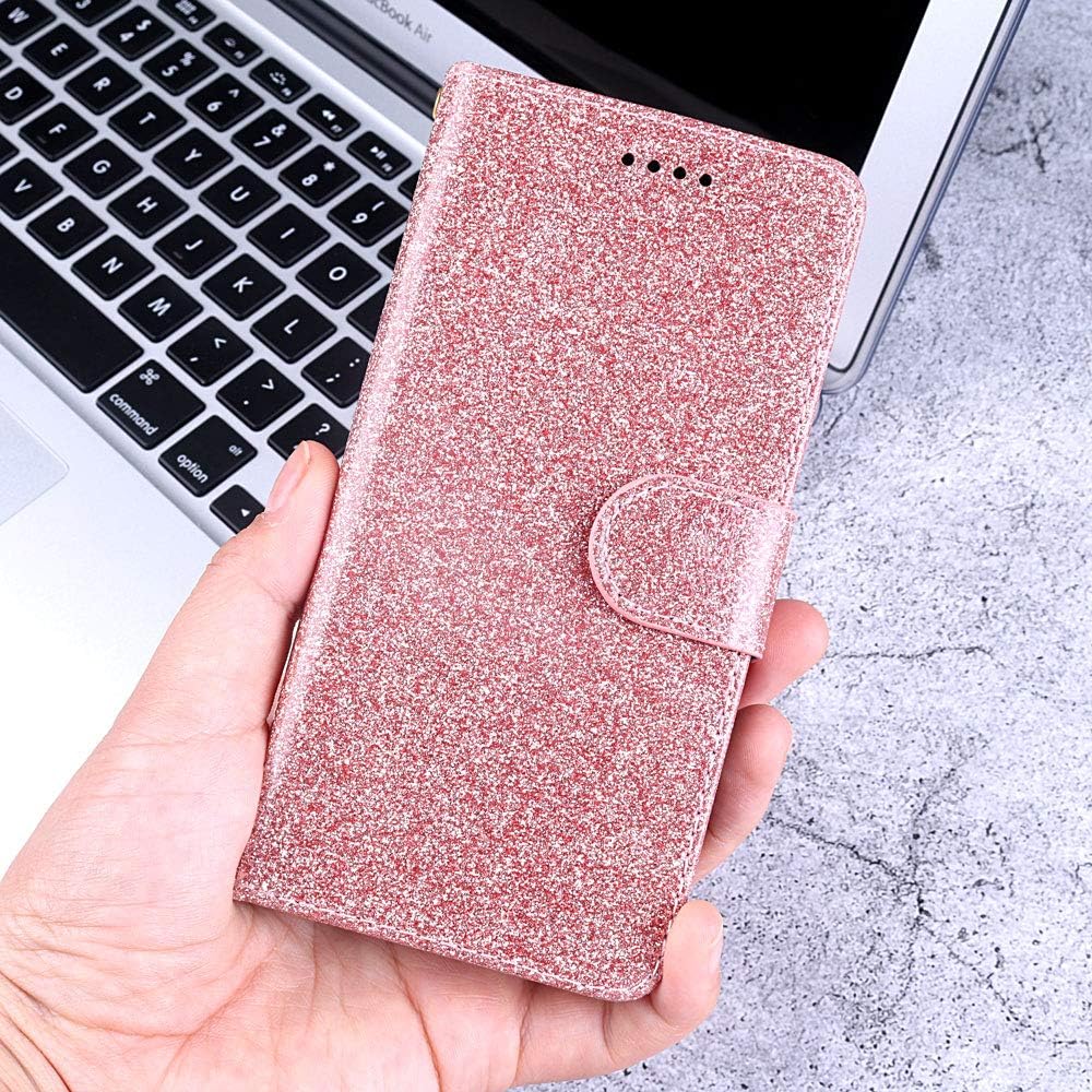 Funda con purpurina para Oneplus 8 con protector de pantalla de vidrio templado y ranura para tarjetero con función atril de cuerpo completo