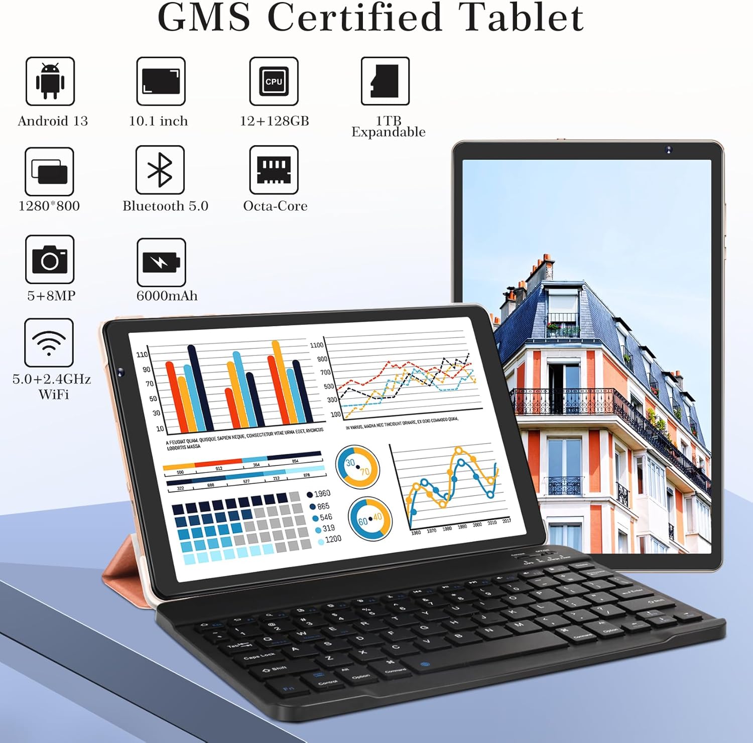 SEBBE Tablet PC Android 13 de 10 pulgadas 12 GB de RAM + 128 GB ROM TF 1 TB Octa-Core 2.0 GHz, Google GMS  Bluetooth 5.0  5G WiFi  6000mAh  1280 *
