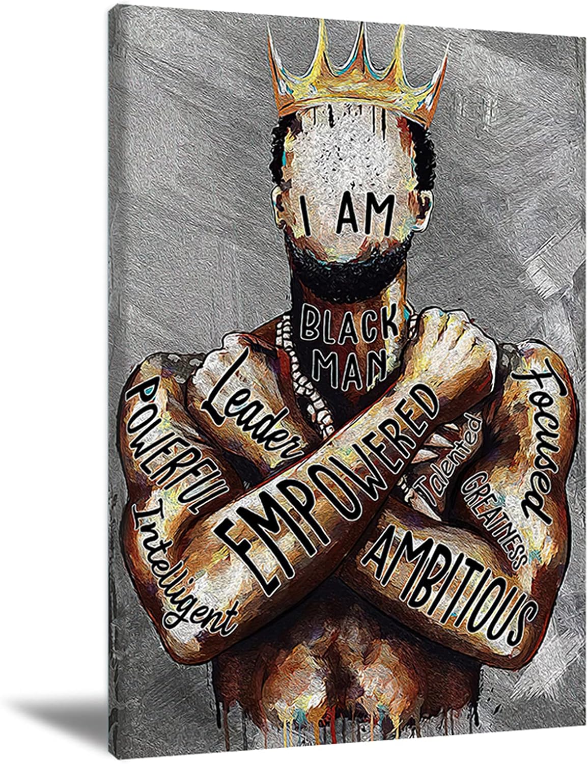 Arte de pared de hombre negro, póster de hombre afroamericano con texto en inglés “I Am Empowered King”, frases motivacionales, retrato de hombre