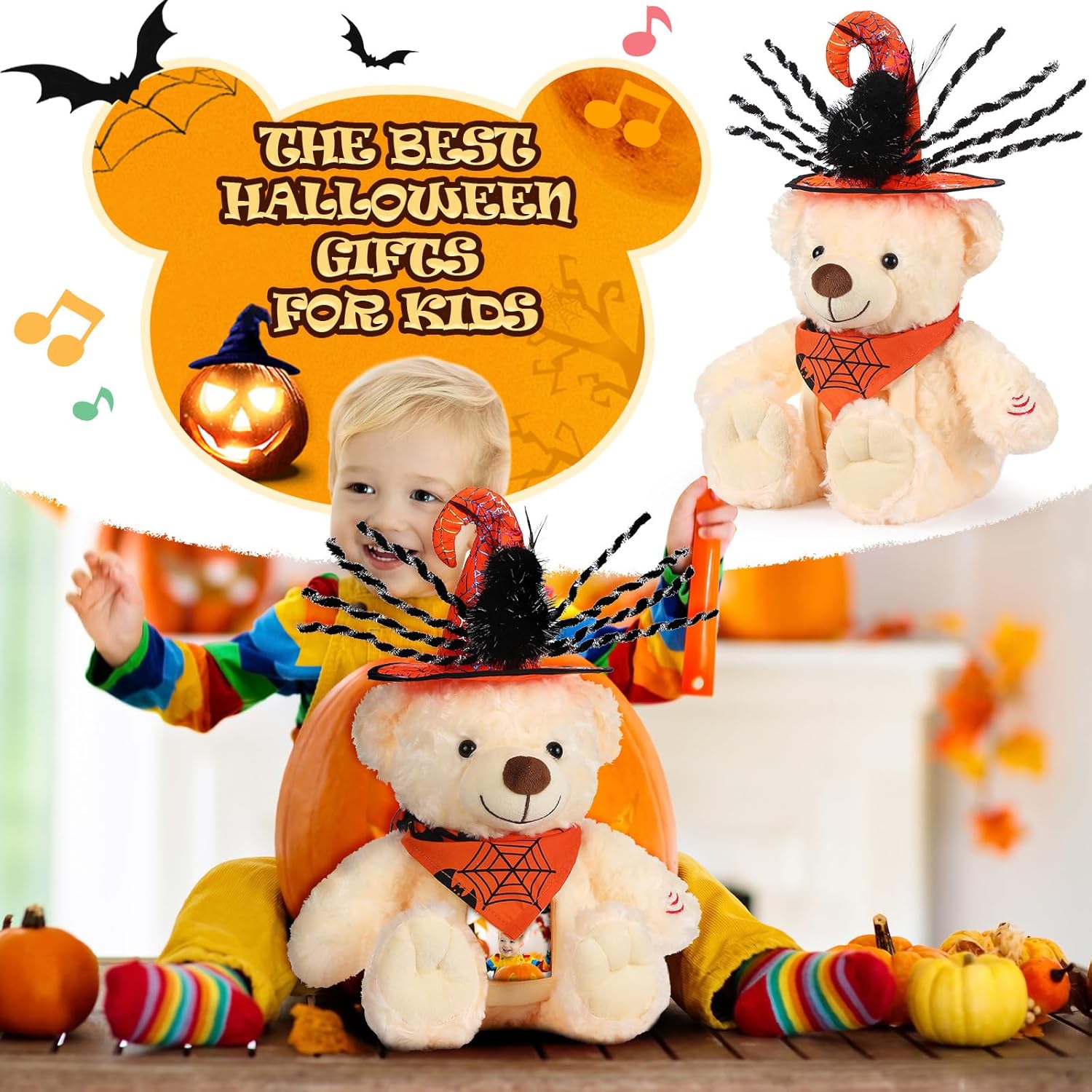 Juego de animales de peluche de oso de Halloween con grabadora de voz, lindo oso de Halloween de 12 pulgadas con sombrero de grabadora de voz y