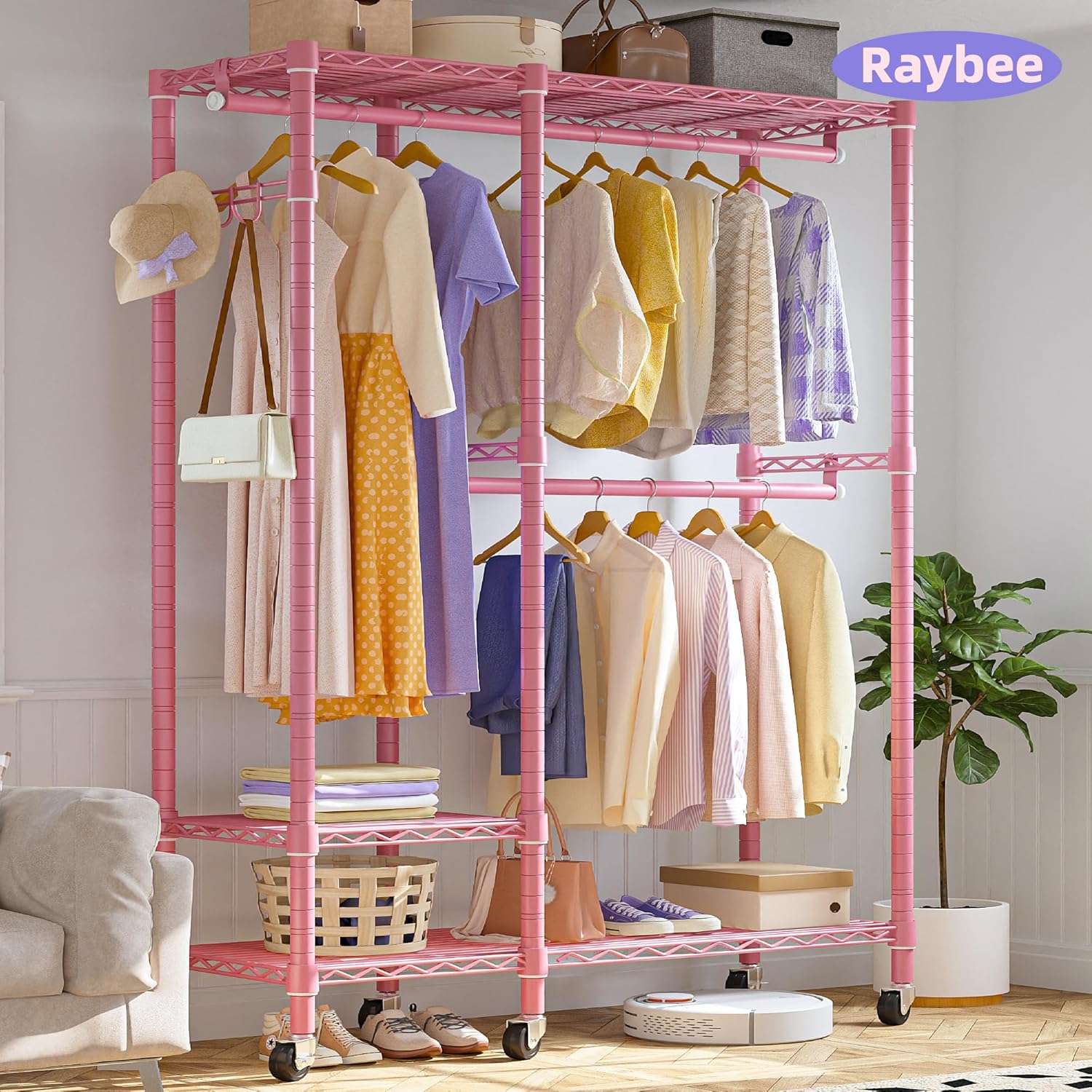 Raybee Perchero de ropa rosa de 80 pulgadas de alto, perchero resistente para colgar ropa, perchero con ruedas, estante portátil de alambre para