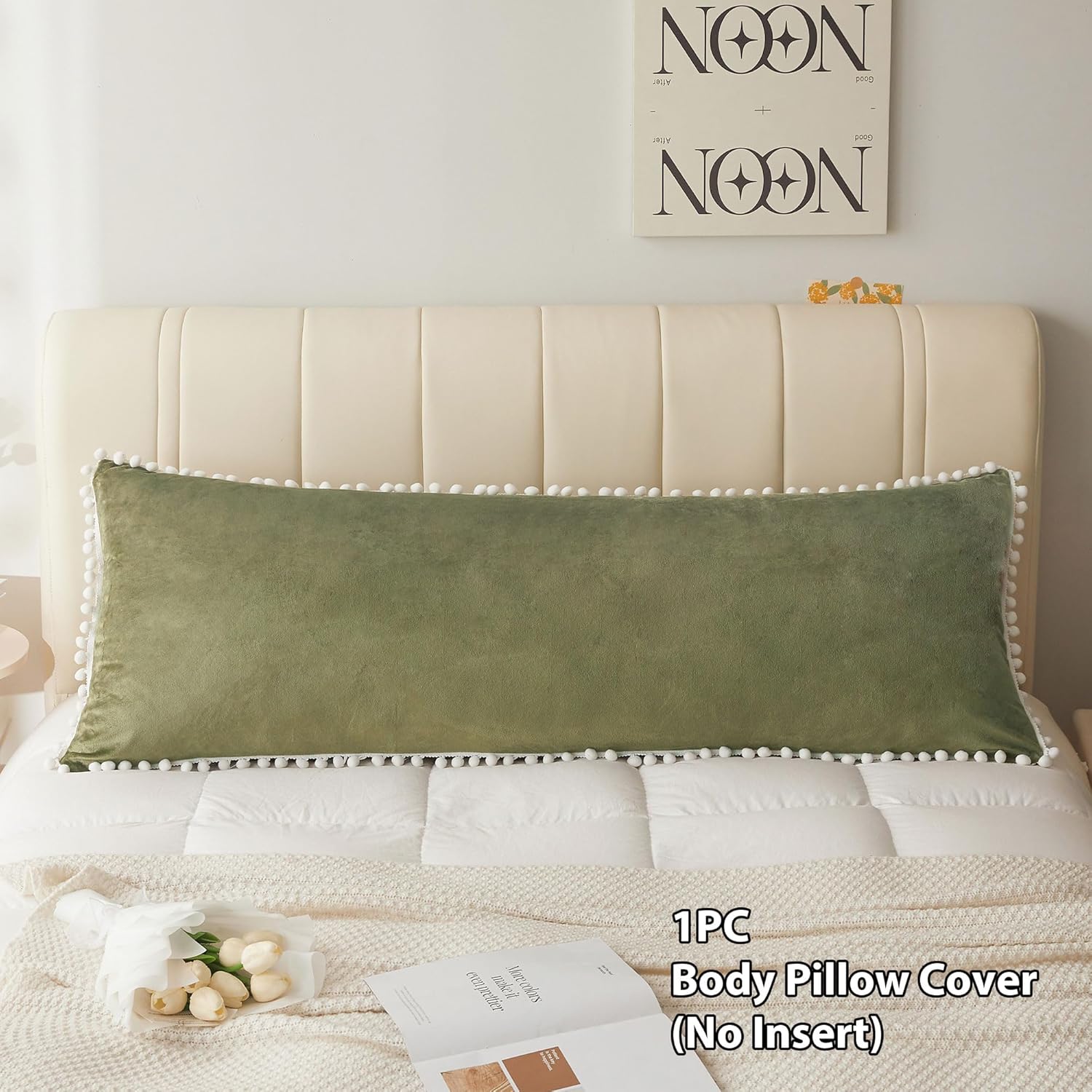 LIFEREVO Funda de almohada corporal de terciopelo con pompones, funda de almohada larga y mullida de 20 x 54 pulgadas, funda de almohada de