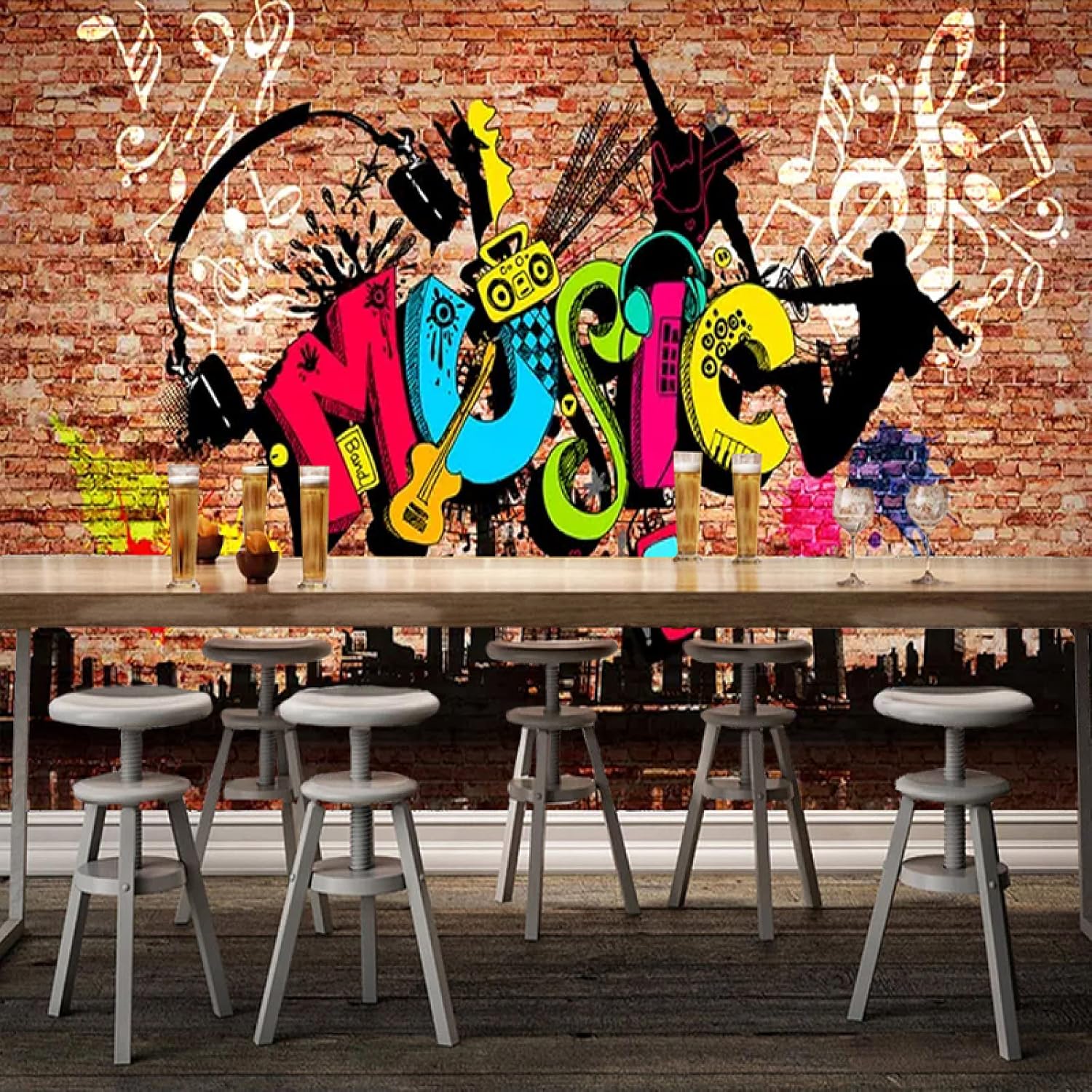 NSDQSM Mural de pared 3D de graffiti musical, papel tapiz de fondo de pared de ladrillo, mural de pared extraíble, decoración del hogar para