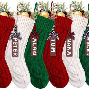 XIMISHOP Paquete de 6 medias de Navidad, 18 pulgadas, grandes, de punto trenzado, decoraciones de calcetines colgantes de Navidad con etiquetas de XIMISHOP Paquete de 6 medias de Navidad, 18 pulgadas, grandes, de punto trenzado, decoraciones de calcetines colgantes de Navidad con etiquetas de