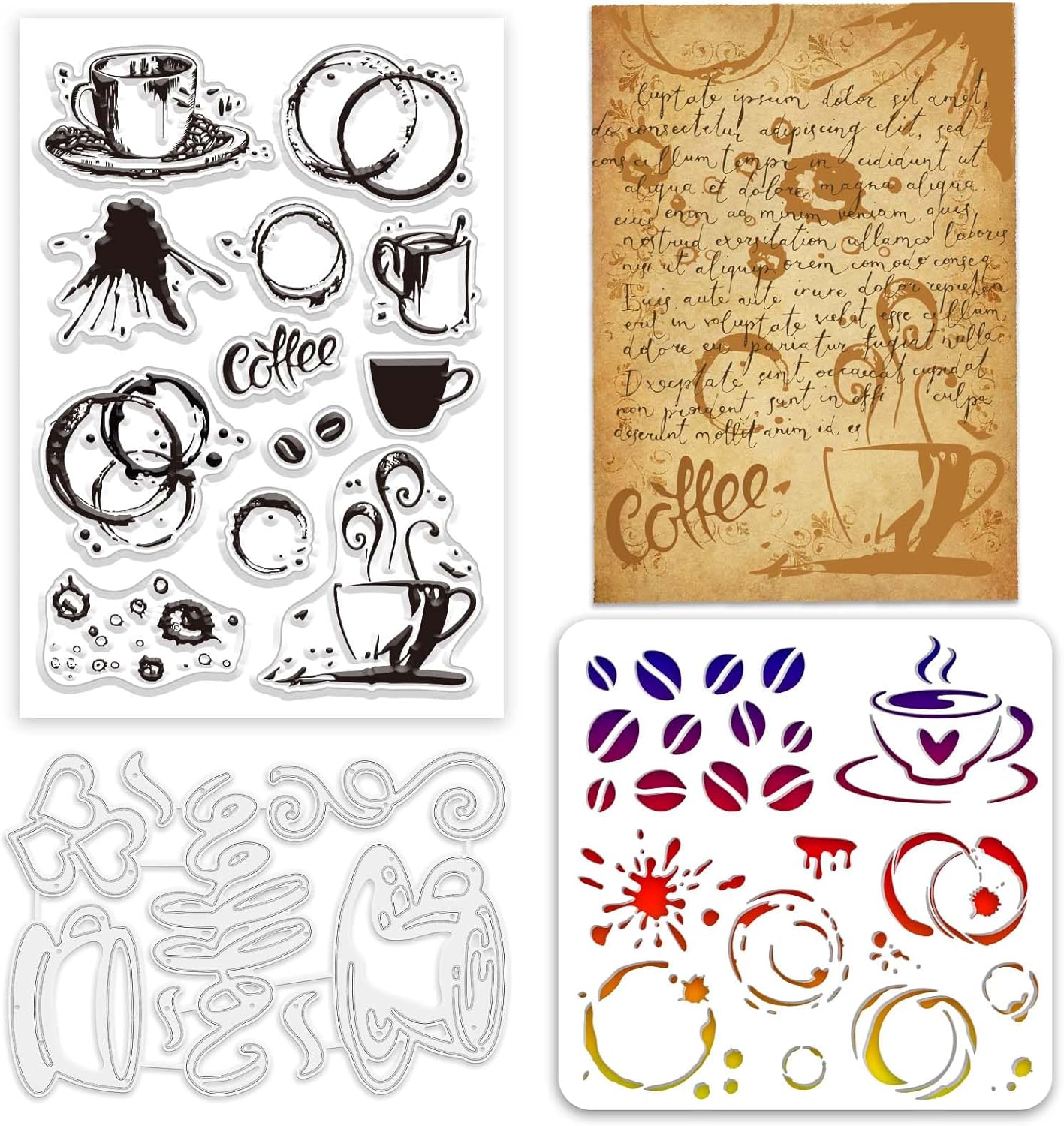 GLOBLELAND Juego de sellos y troqueles transparentes para salpicaduras de café y troqueles para hacer tarjetas, plantillas de PET para decoración de