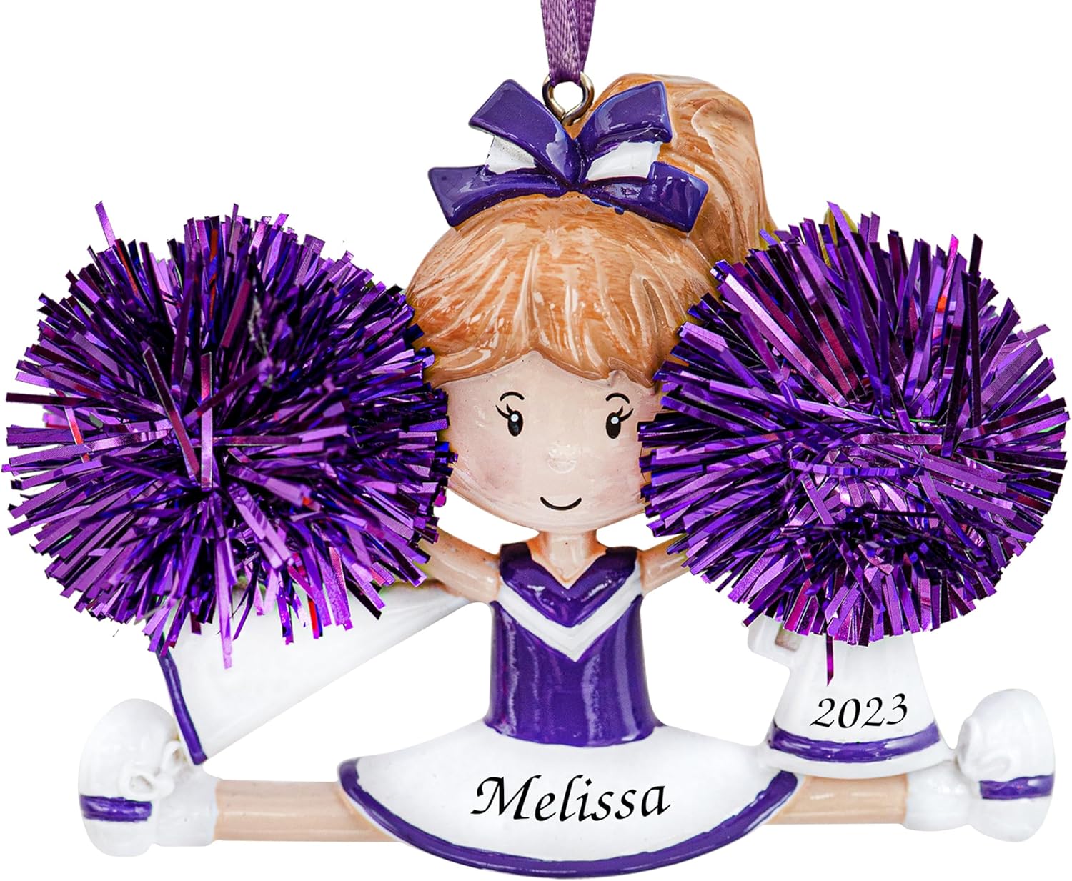 Adorno de Navidad personalizado de animadora 2023  Personalización gratuita  Estatuilla de animadora bailarina con pompón morado real para árbol de