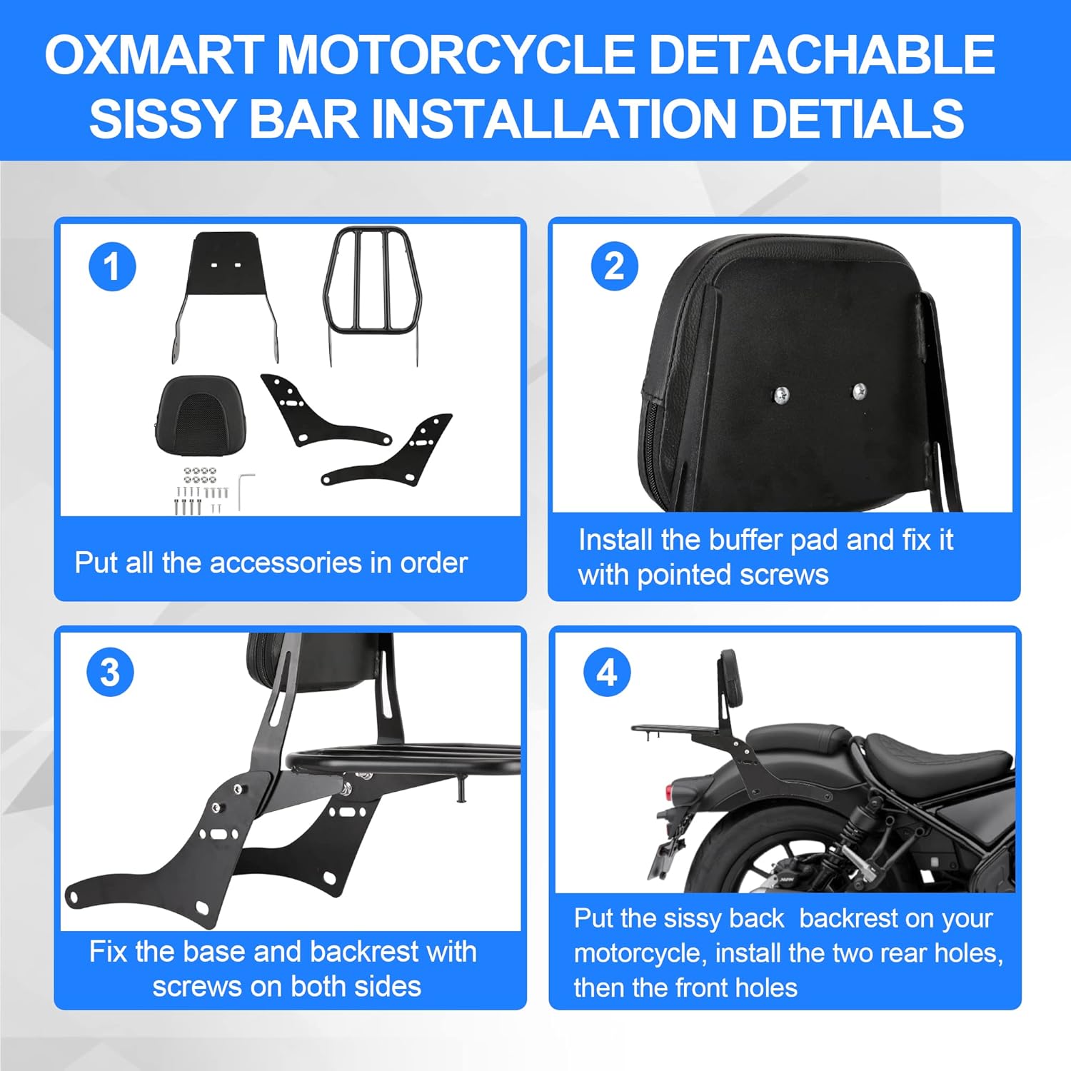 Barra desmontable para motocicleta con almohadilla para asiento trasero del pasajero + soporte para respaldo trasero, portaequipajes compatible con