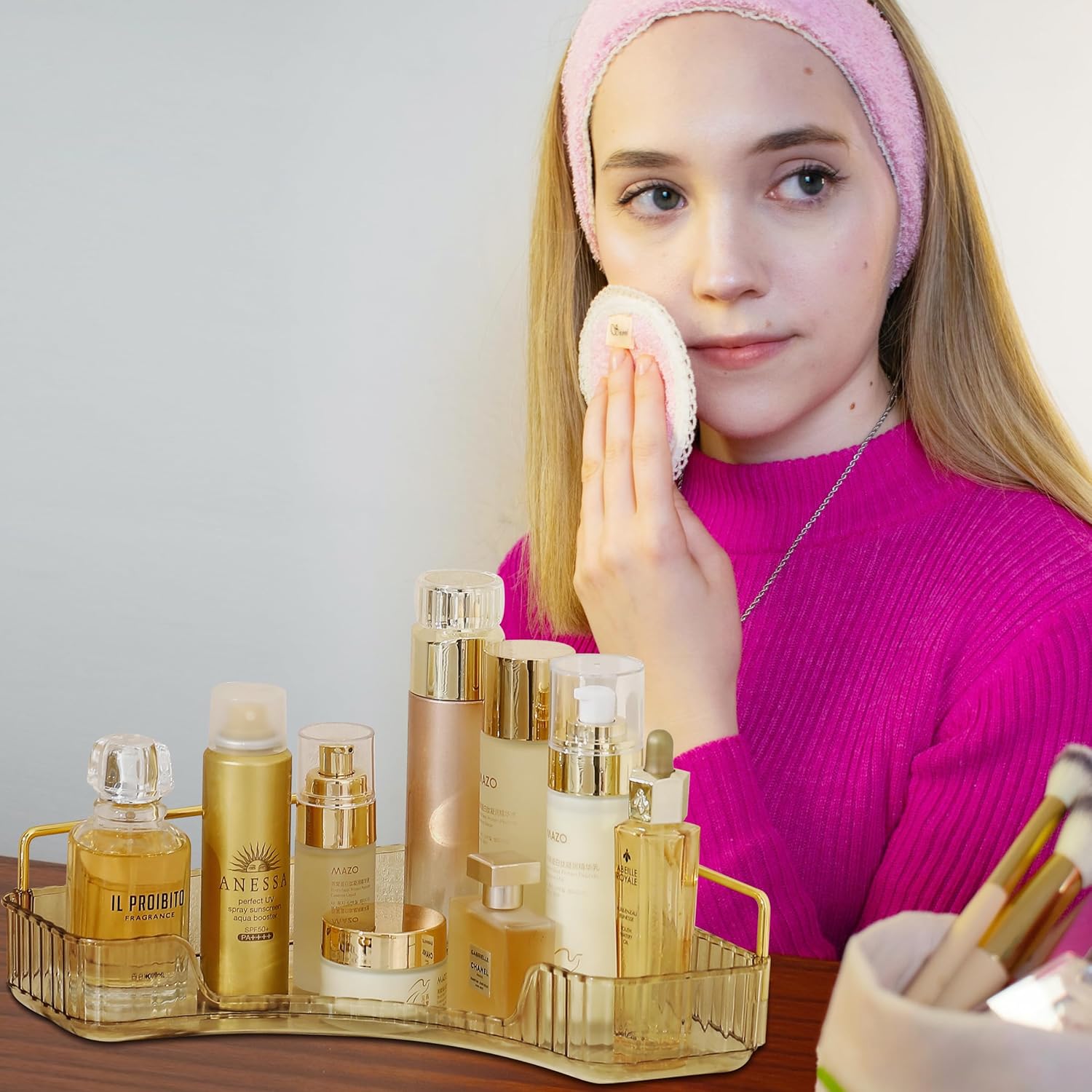 Organizador de esquina para mostrador de baño, estante de encimera de baño, organizador de maquillaje para tocador, bandeja de perfume para