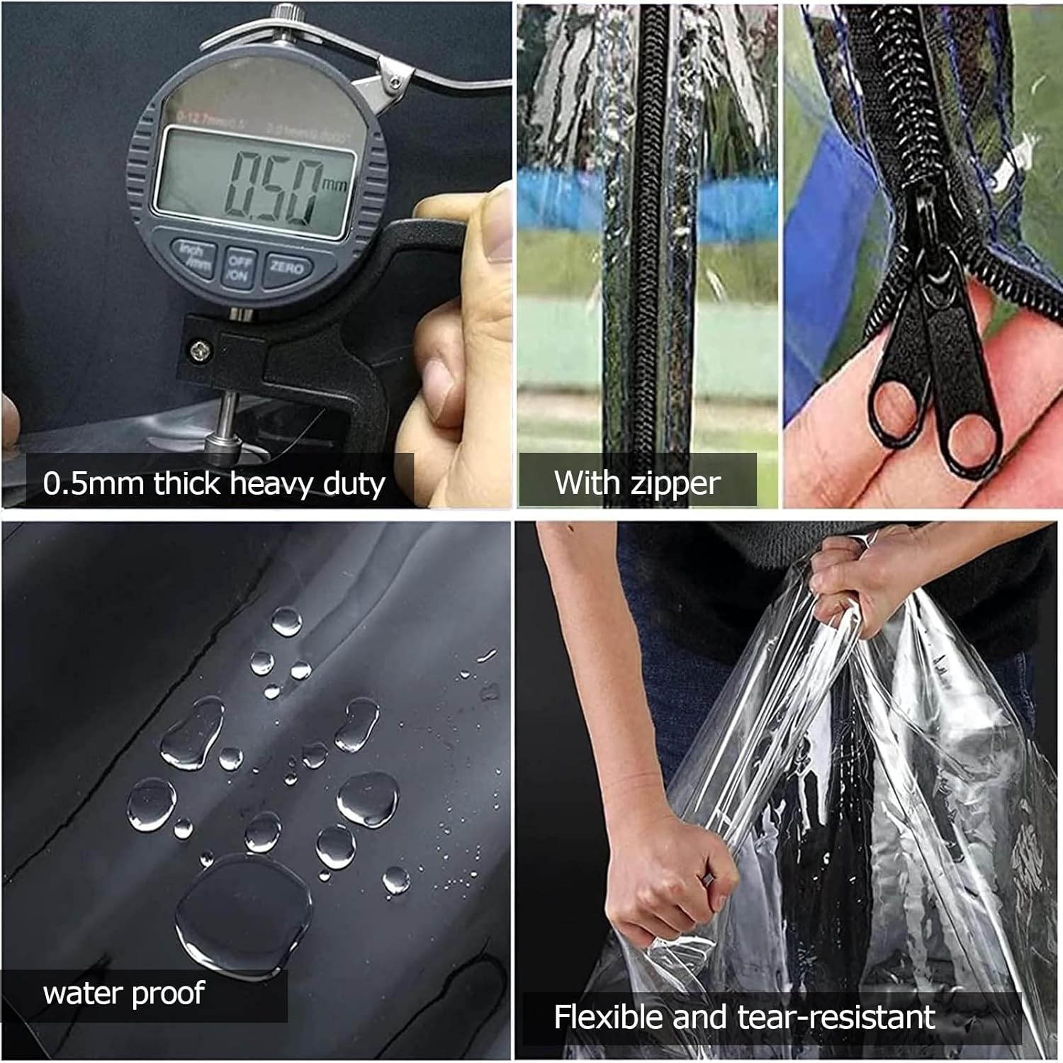 Lona de PVC con cremallera, ojales de lonas, resistente, impermeable de PVC transparente, cubierta de lona de polietileno de vinilo transparente,