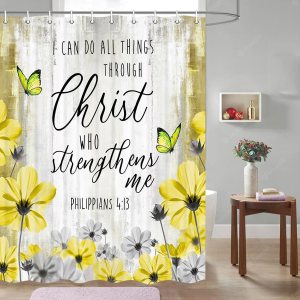 JAWO Cortina de ducha con cita inspiradora, I Can Do Everything Through Him Who Gives Me Strength, versículo bíblico con citas de las Escrituras, JAWO Cortina de ducha con cita inspiradora, I Can Do Everything Through Him Who Gives Me Strength, versículo bíblico con citas de las Escrituras,