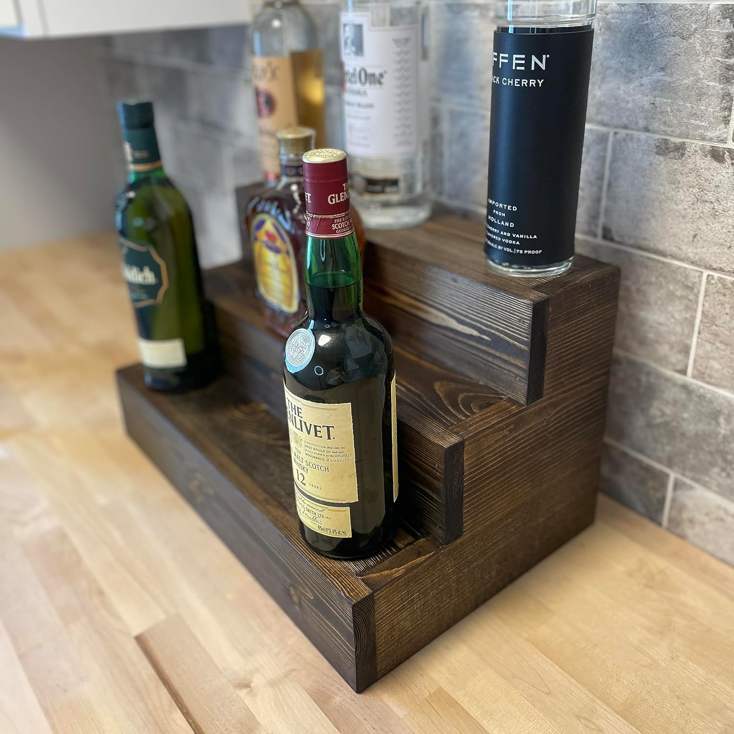 Handmade Tiered Display Shelving – Three Tier Bar Display – Bar Organizer – Liquor Bottle Display (18″ with Back, Black)