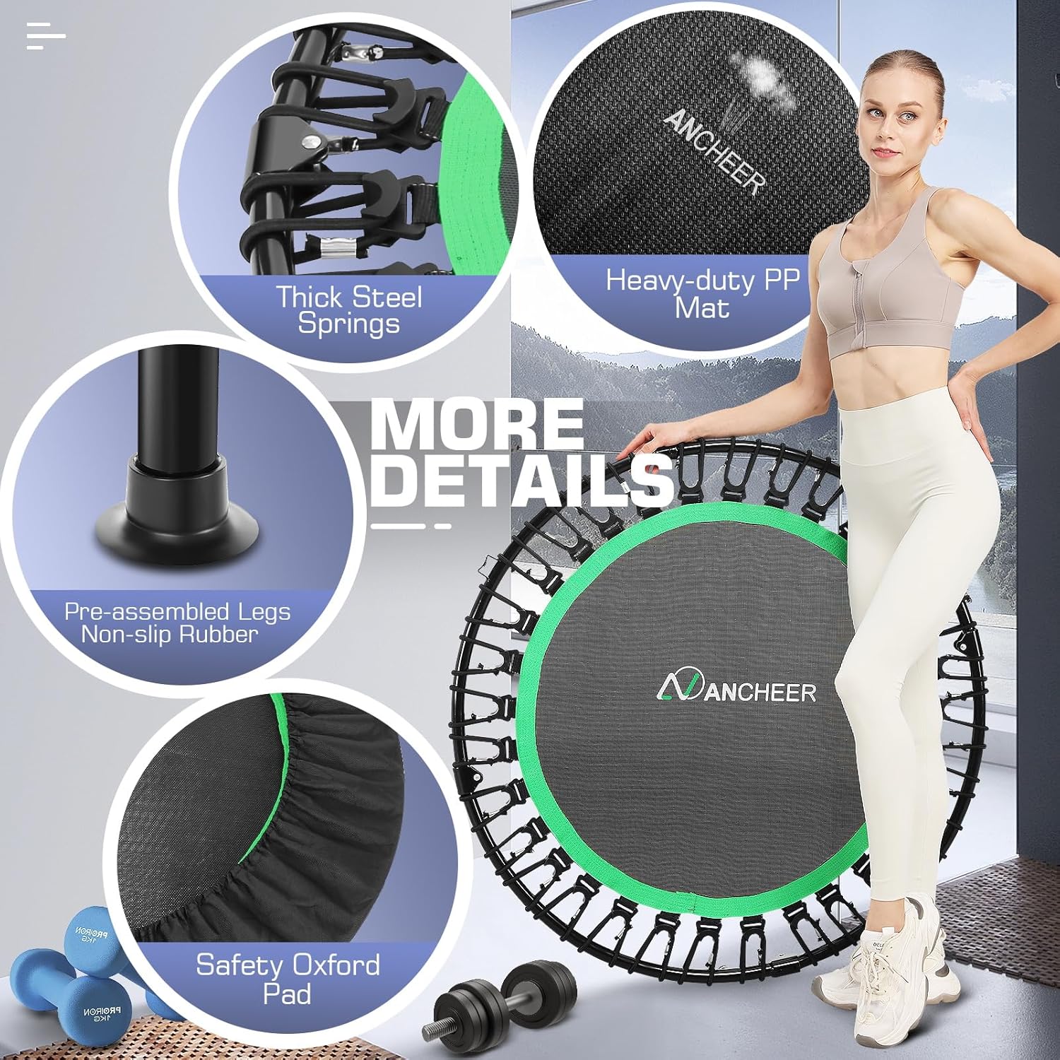 ANCHEER Mini trampolín plegable de 40 pulgadas para adultos, carga máxima de 450 libras, pequeño rebote elástico de fitness con barra de mango de