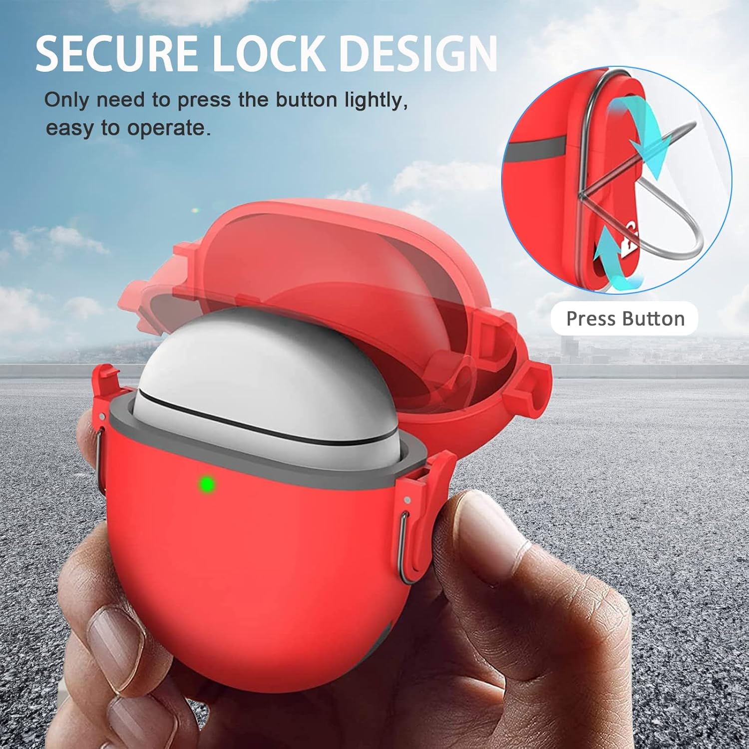 Miimall Funda compatible con Google Pixel Buds Pro, bloqueo seguro, llavero antipérdida, LED frontal visible, funda protectora militar de