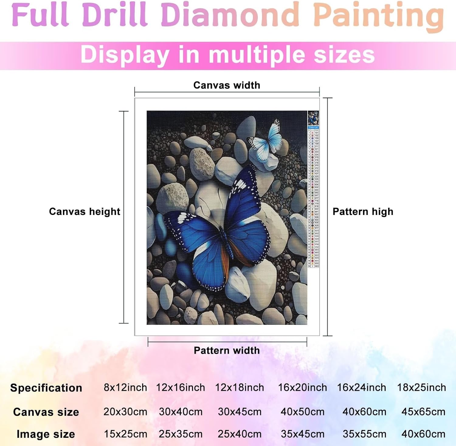 Treff Juego de pintura de diamantes, mariposas y piedras azules y blancas, juego de arte de diamantes 5D para bricolaje, pintura de diamante redondo