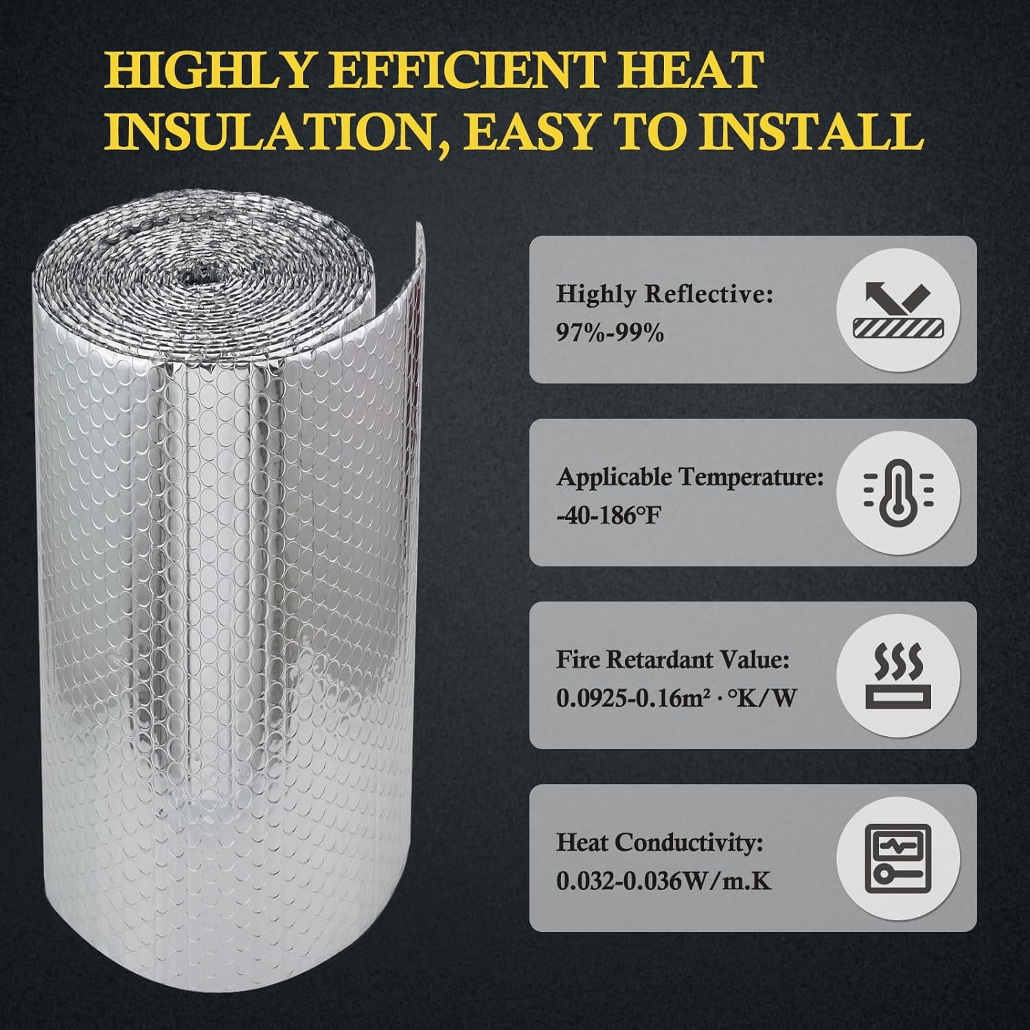 fowong Lámina reflectante de doble cara de papel de aluminio con protección contra el calor, 48 pulgadas x 10 pies, tablero aislante de ventana de