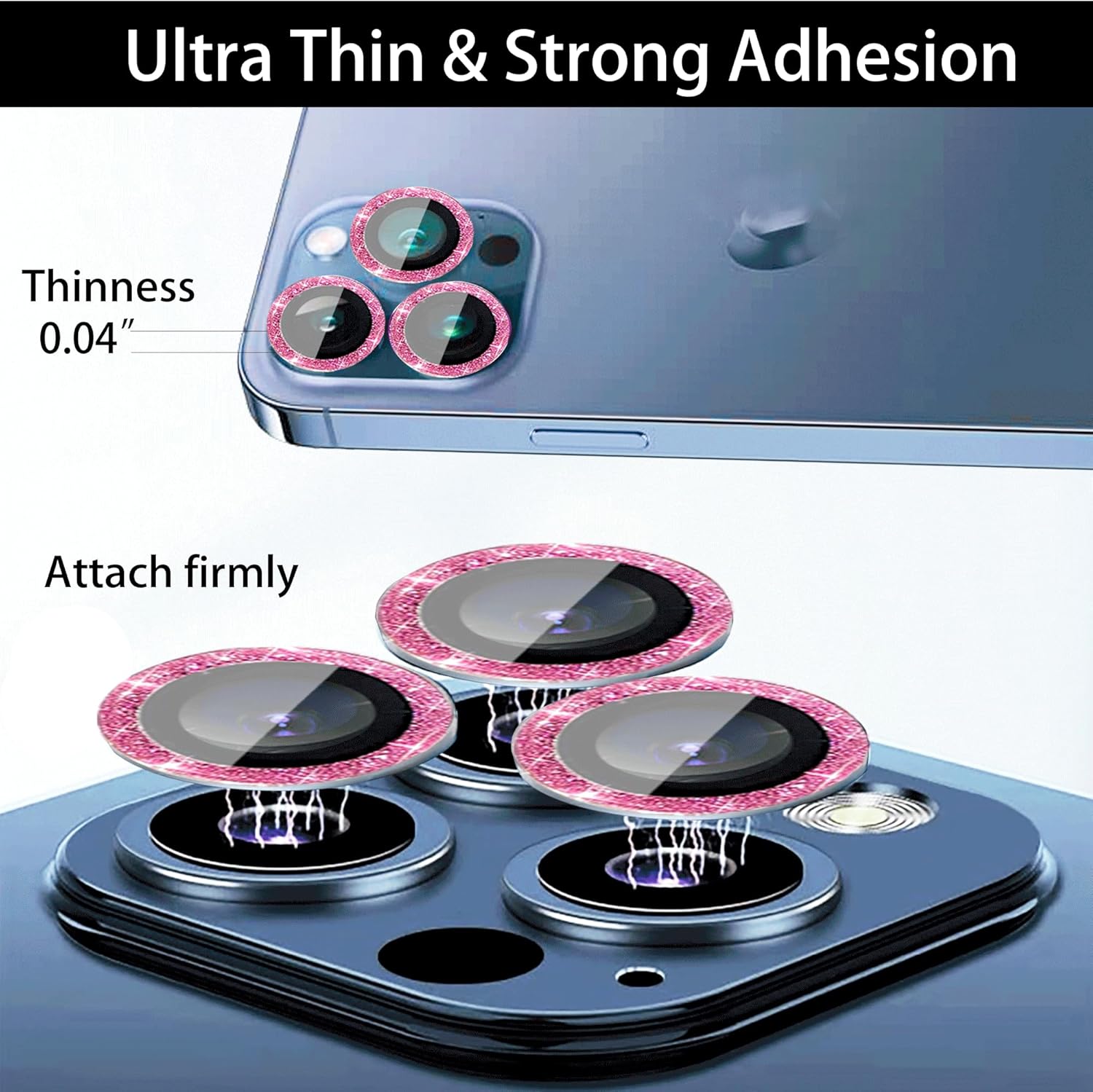 3+1 compatible con iPhone 13 Pro y iPhone 13 Pro Max, protector de lente de cámara con purpurina brillante, cubierta de cámara de vidrio templado,