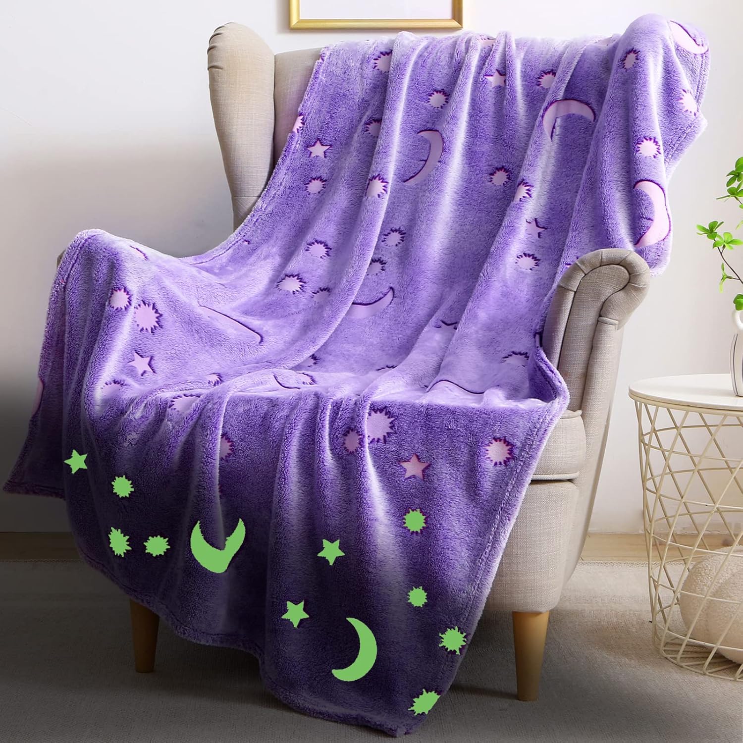 Manta que brilla en la oscuridad para niñas, regalos de cumpleaños, luna morada, estrella, manta suave para niños, adolescentes, niñas y mujeres, 60