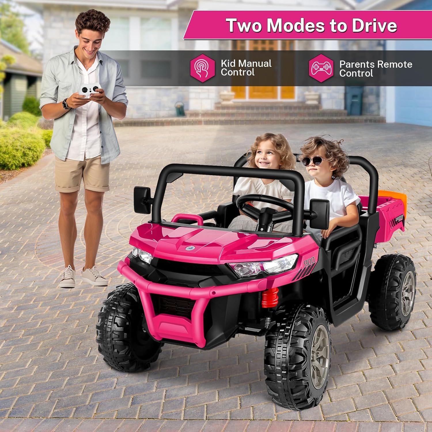 Hikole Camión volquete de 24 V, UTV infantil de 2 plazas con cama eléctrica de volquete, control remoto, reproductor de música, potente motor de 2 x