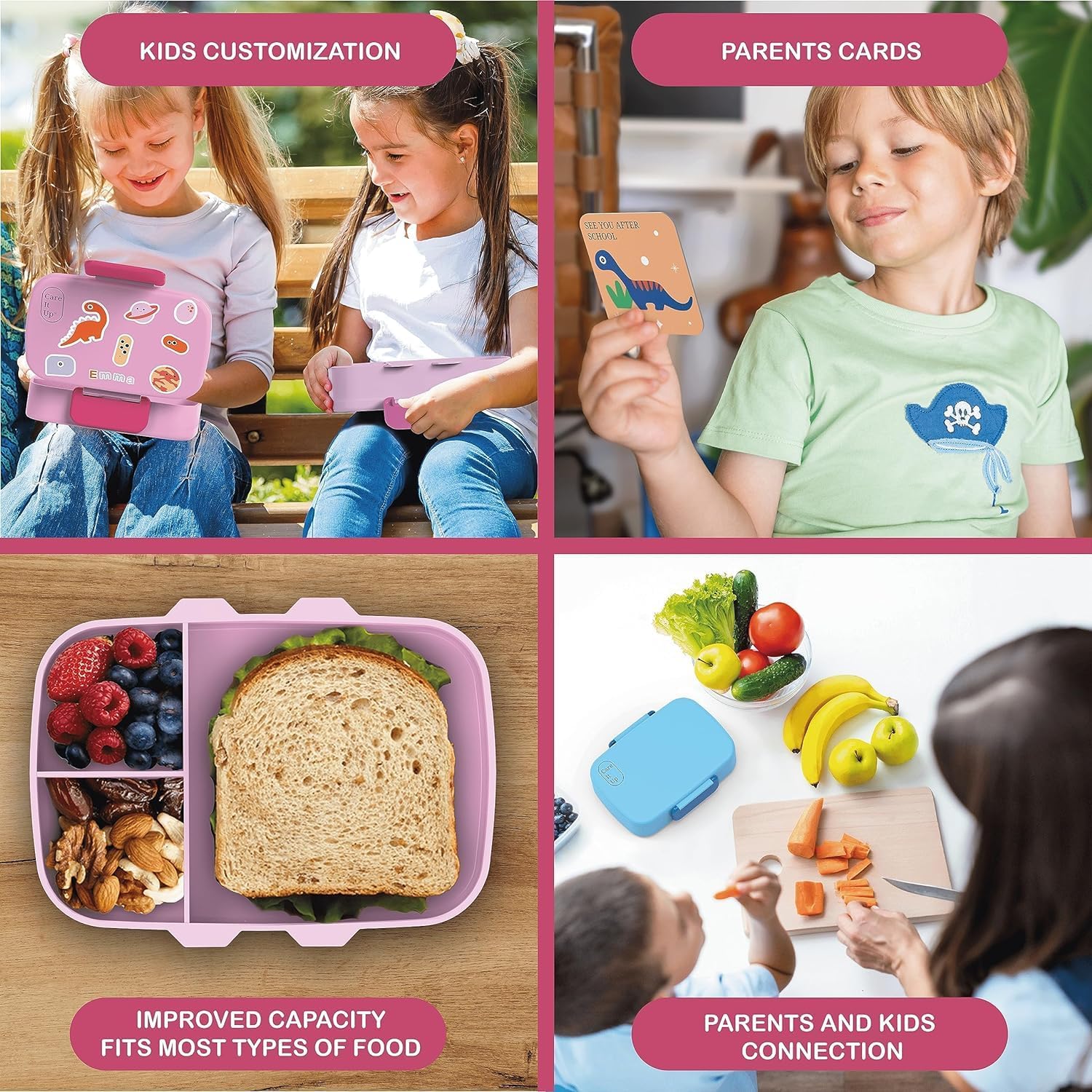 Lonchera Bento para niños y niñas con juego de cubiertos, hojas de calcomanías (más de 5 años), caja de almuerzo de 3 compartimentos a prueba de