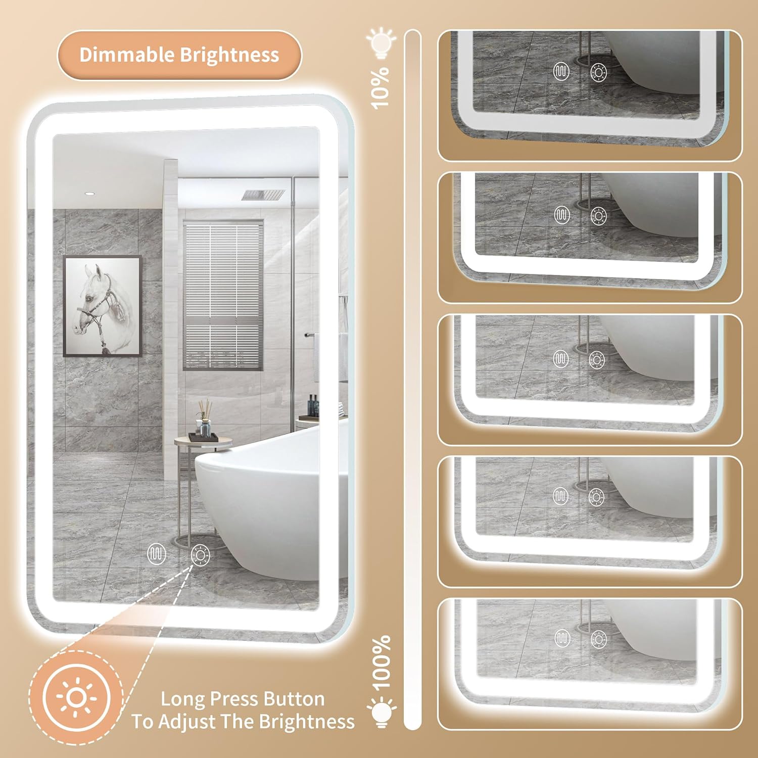 Vosuja Espejo de baño LED de 20 x 28 pulgadas, rectángulo redondeado, sin marco, 3 colores iluminados y regulables, espejo de tocador con luces,