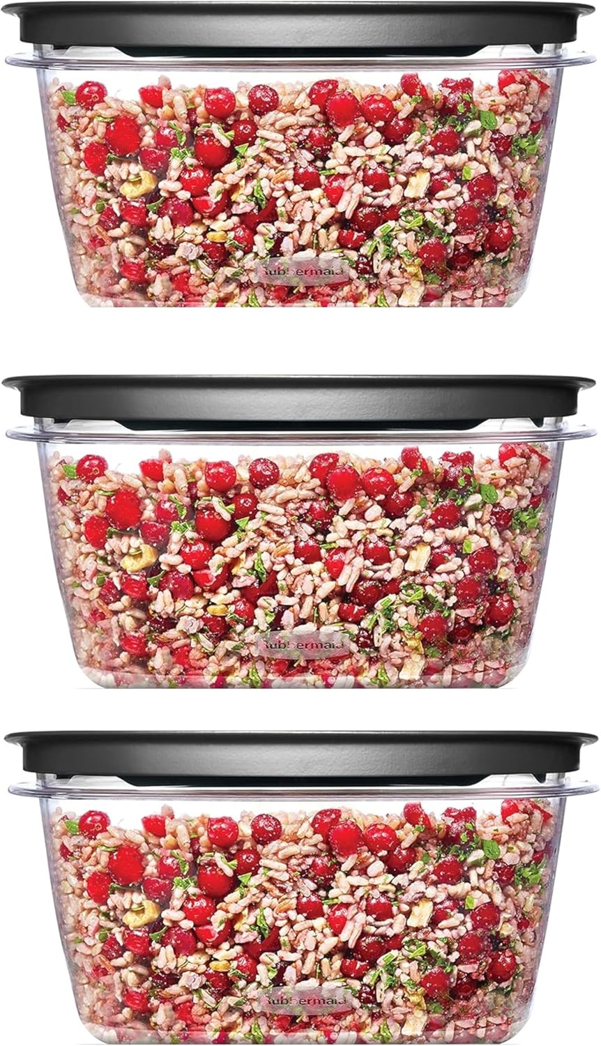 Rubbermaid Premier Flex & Seal Tapas de 14 tazas, juego de almacenamiento de alimentos transparentes para preparación de comidas, juego de 3 piezas