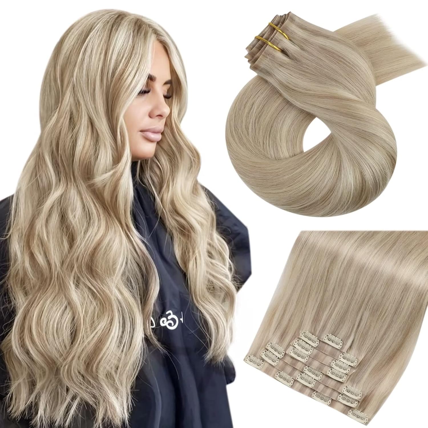 Moresoo Extensiones de cabello humano con clip, sin costuras, color rubio ceniza con reflejos rubios, extensiones de cabello humano real Remy con