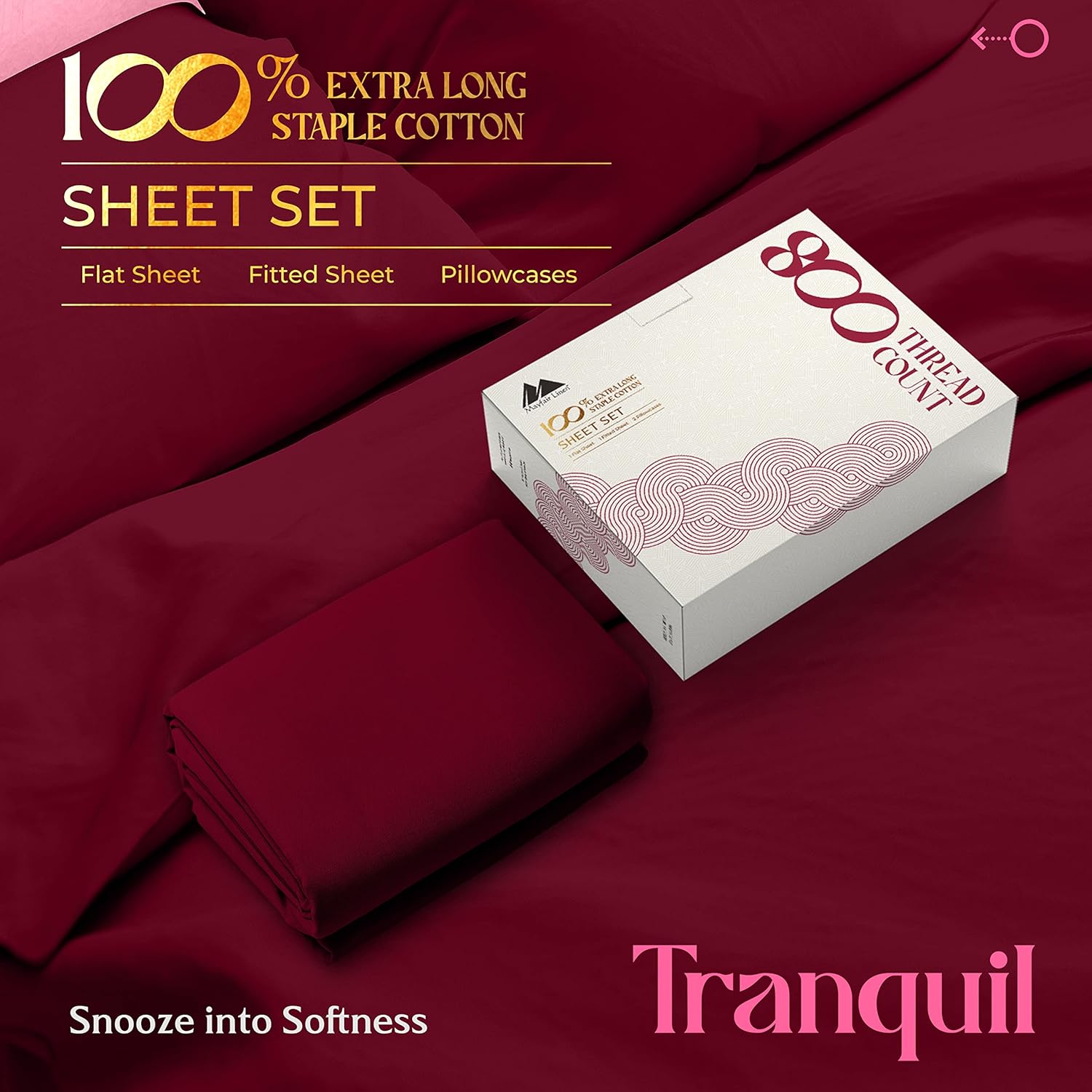 Mayfair Linen Sábanas 100% de algodón egipcio, juego de sábanas de 800 hilos tamaño King de 4 piezas, color borgoña, sábanas de hotel de lujo de