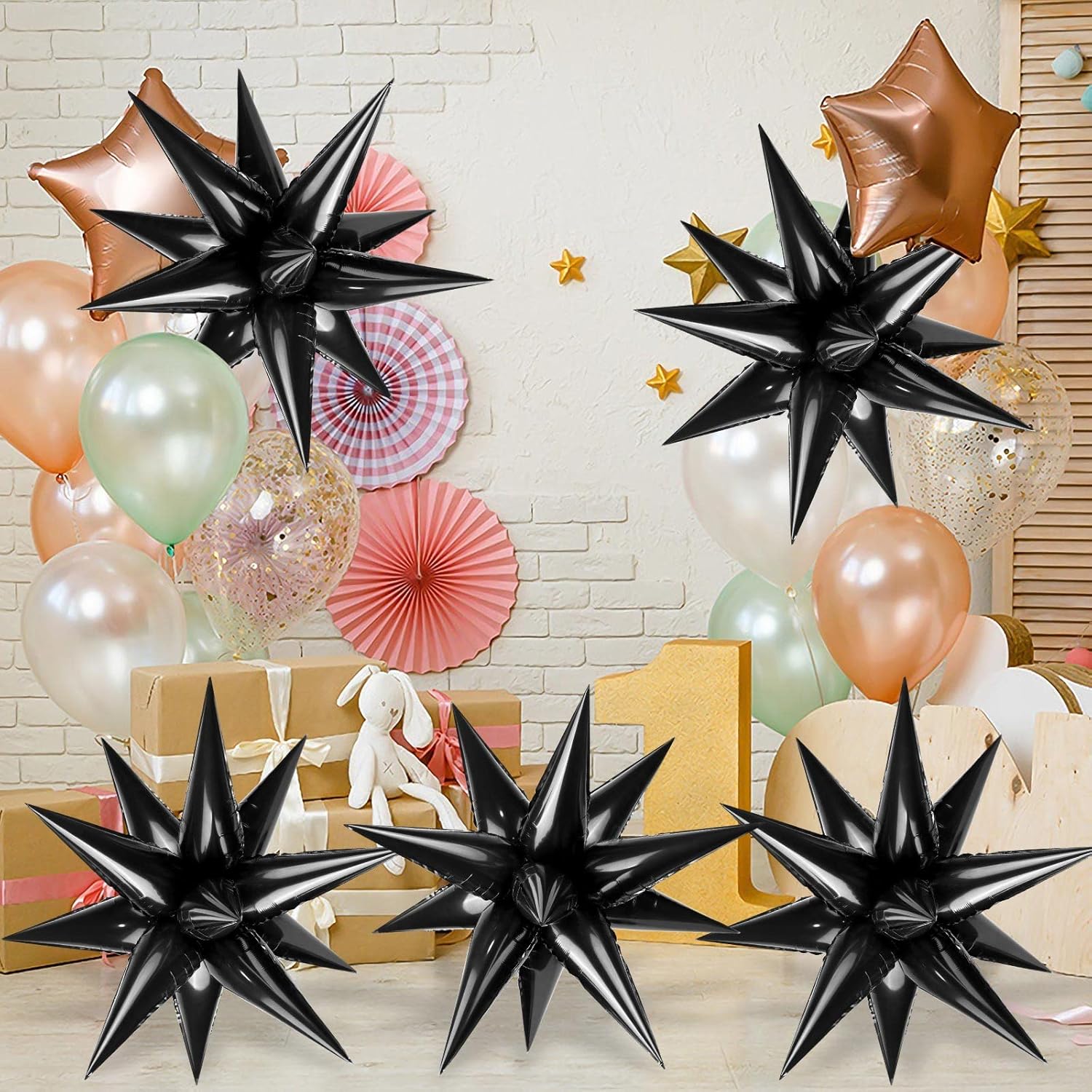 60 globos de estrella negra explosión de 12 puntos de papel de aluminio, globos mágicos en explosión de estrellas grandes para bodas, aniversarios,