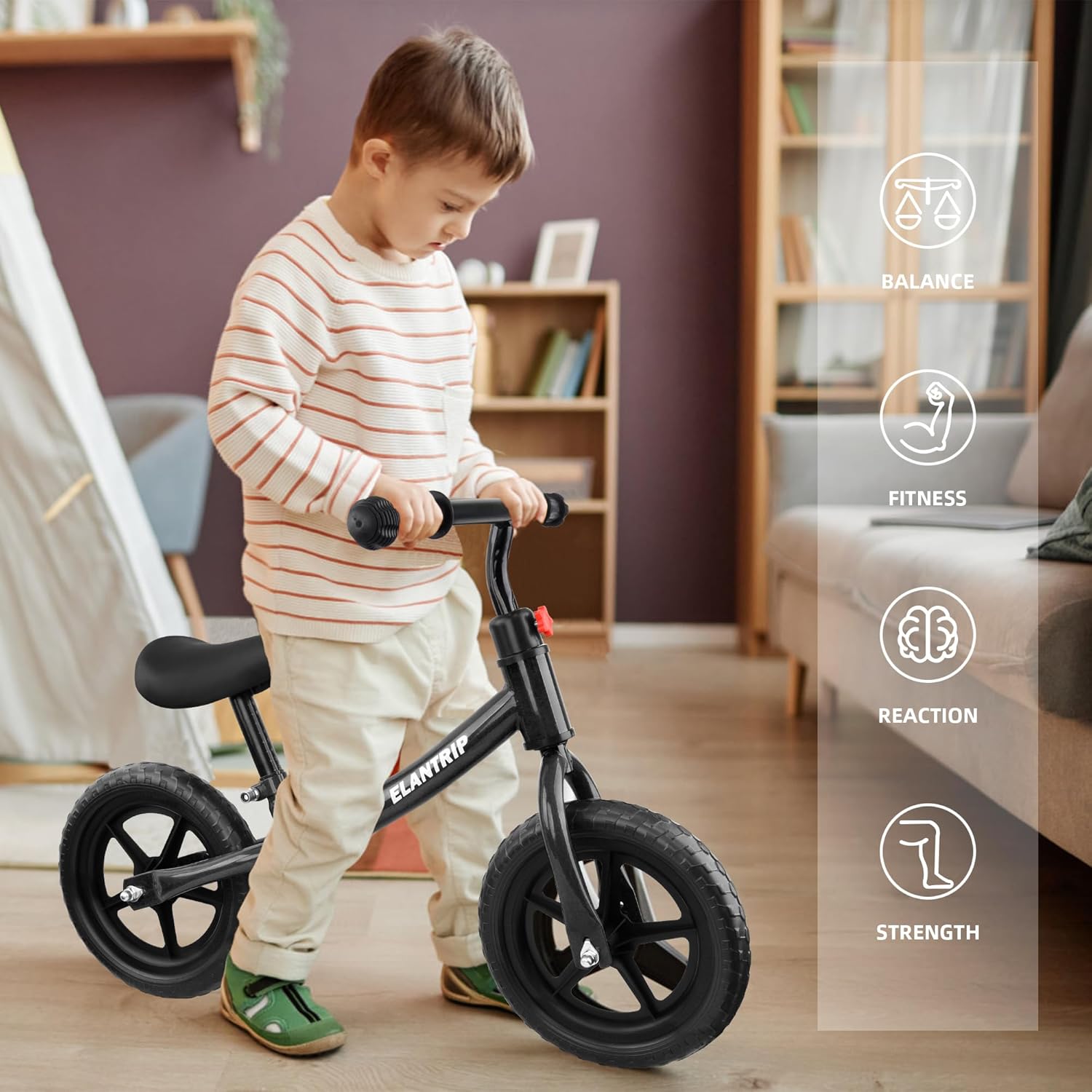 Elantrip Bicicleta de equilibrio, bicicleta negra ligera para niños de 1 a 3 años, juguetes de regalo de cumpleaños para niños y niñas de 1 a 3