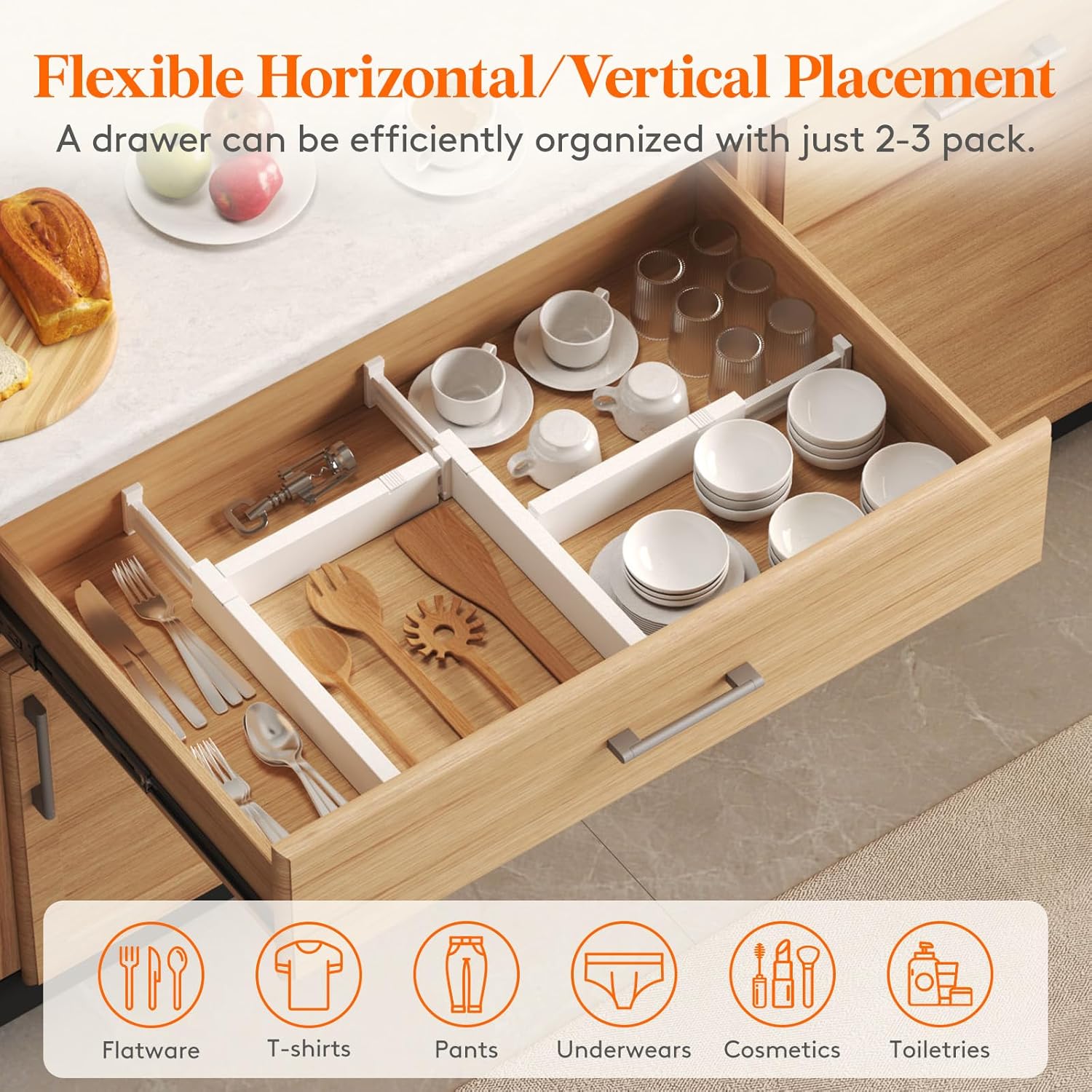 Lifewit Paquete de 5 separadores de cajones de cocina de 2.36 pulgadas de alto, 16 a 22 pulgadas, organizador de cajones ajustables para